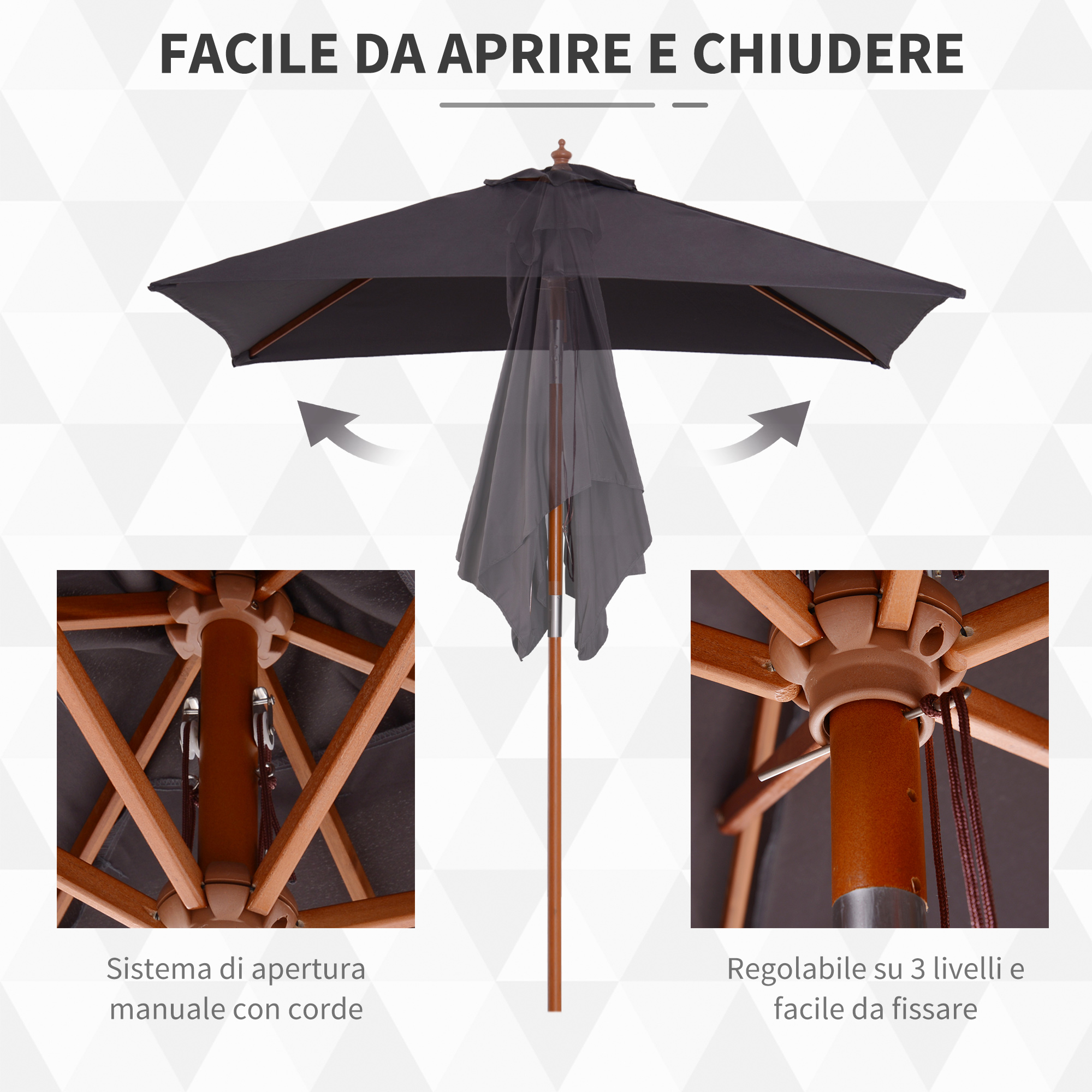 Ombrellone grigio scuro con telaio in legno, sistema a corda manuale e base regolabile.