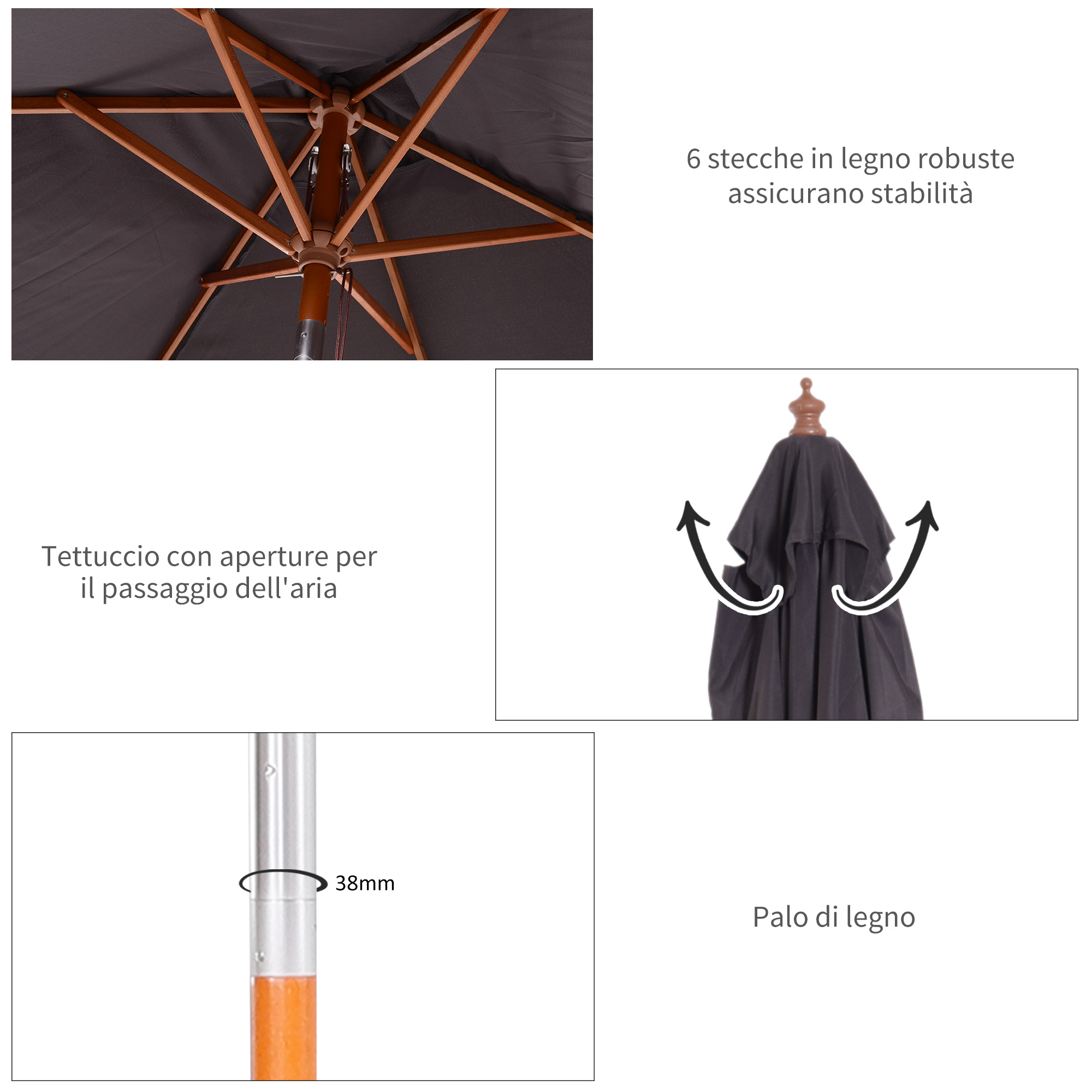 Ombrellone da patio con stecche in legno e tessuto scuro, con aperture d'aria.