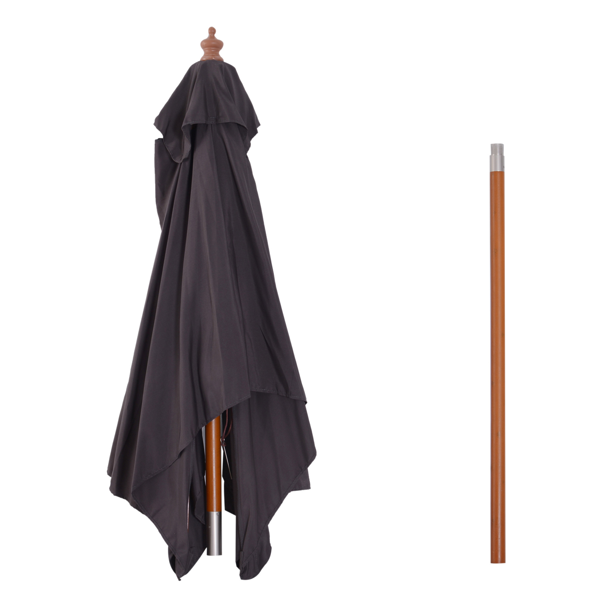 Un ombrellone grigio scuro chiuso con un palo di legno accanto.