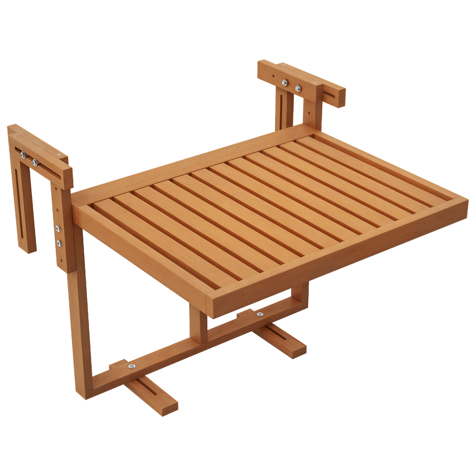 Tavolo da balcone in legno con superficie a doghe e staffe regolabili.