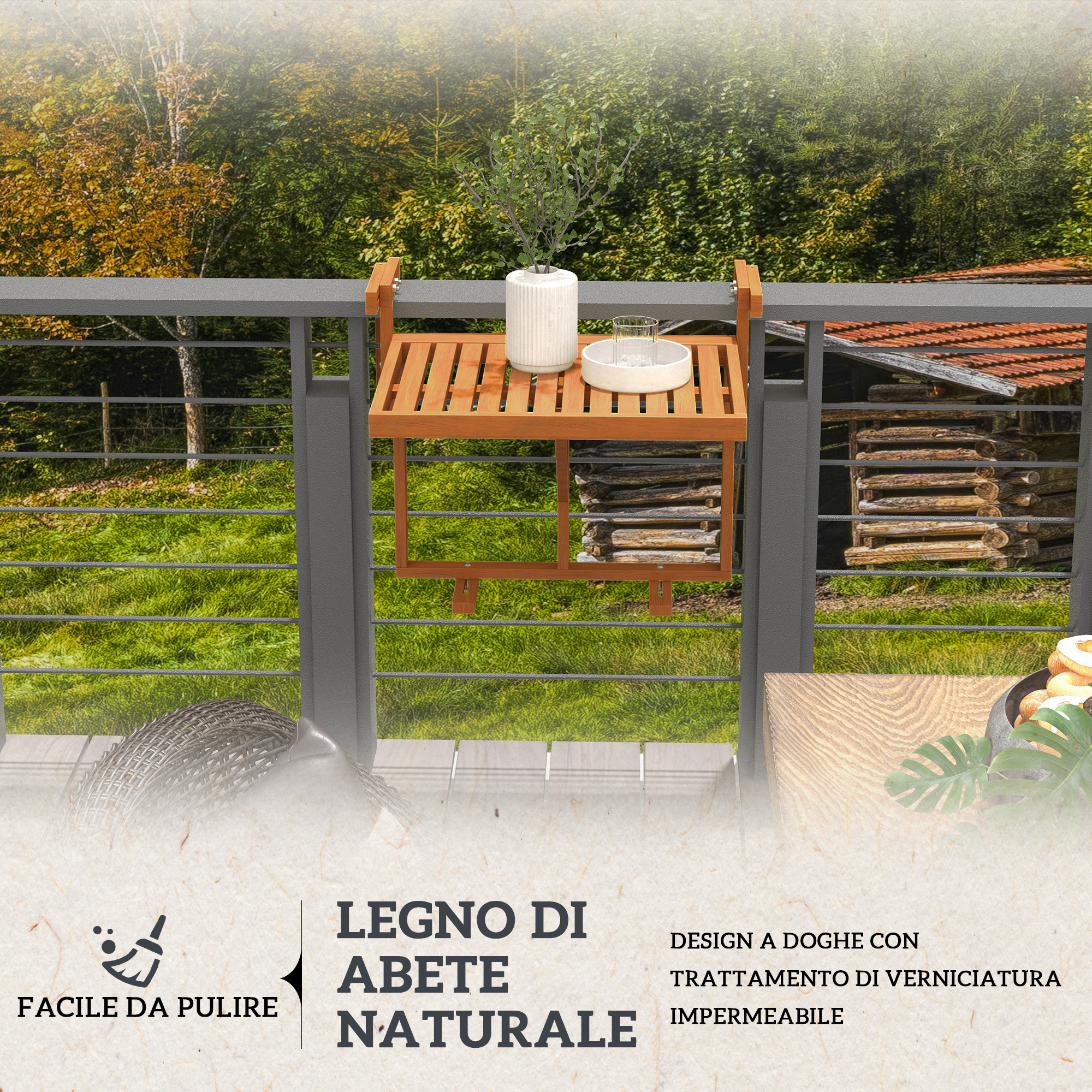 Un tavolo di legno appeso a un ringhiere del balcone con piante.