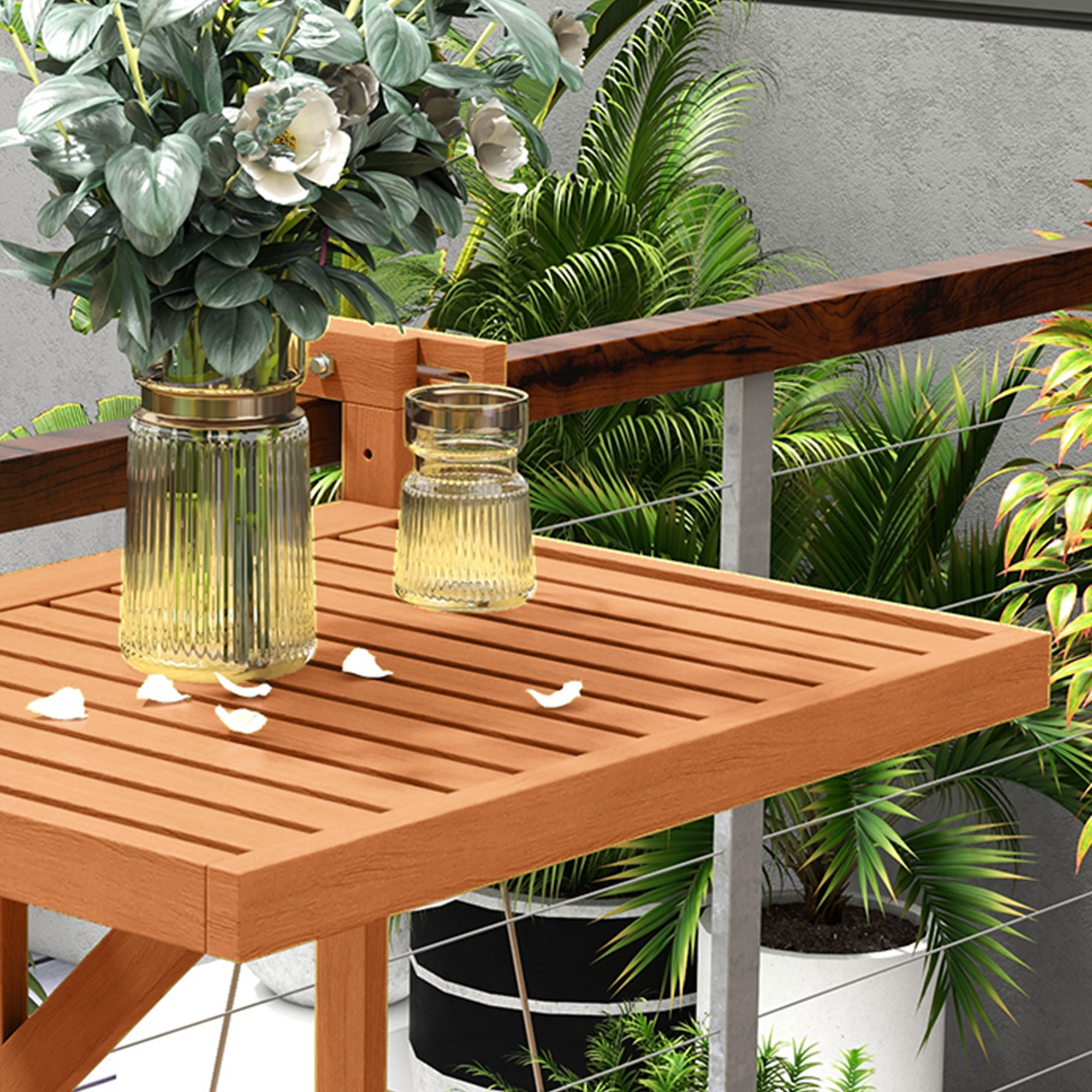 Un tavolo di legno su un balcone con piante e vasi.