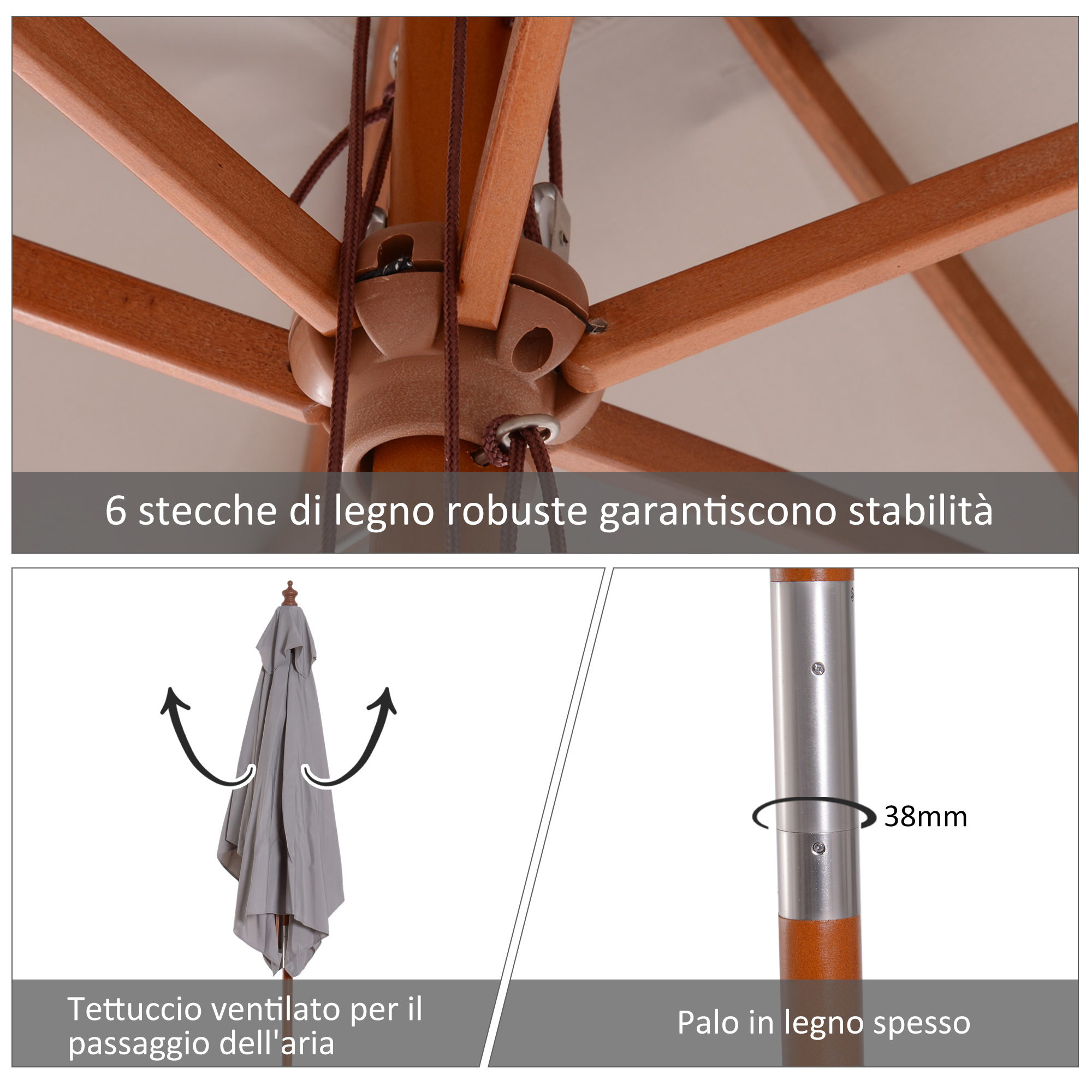 Particolare della struttura dell'ombrellone con stecche in legno, tetto ventilato e palo in legno.