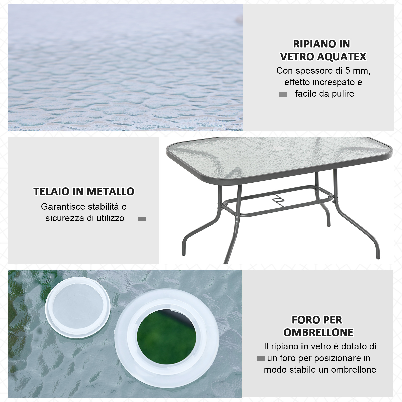 Tavolo con piano in vetro Aquatex e telaio in metallo, foro ombrellone.