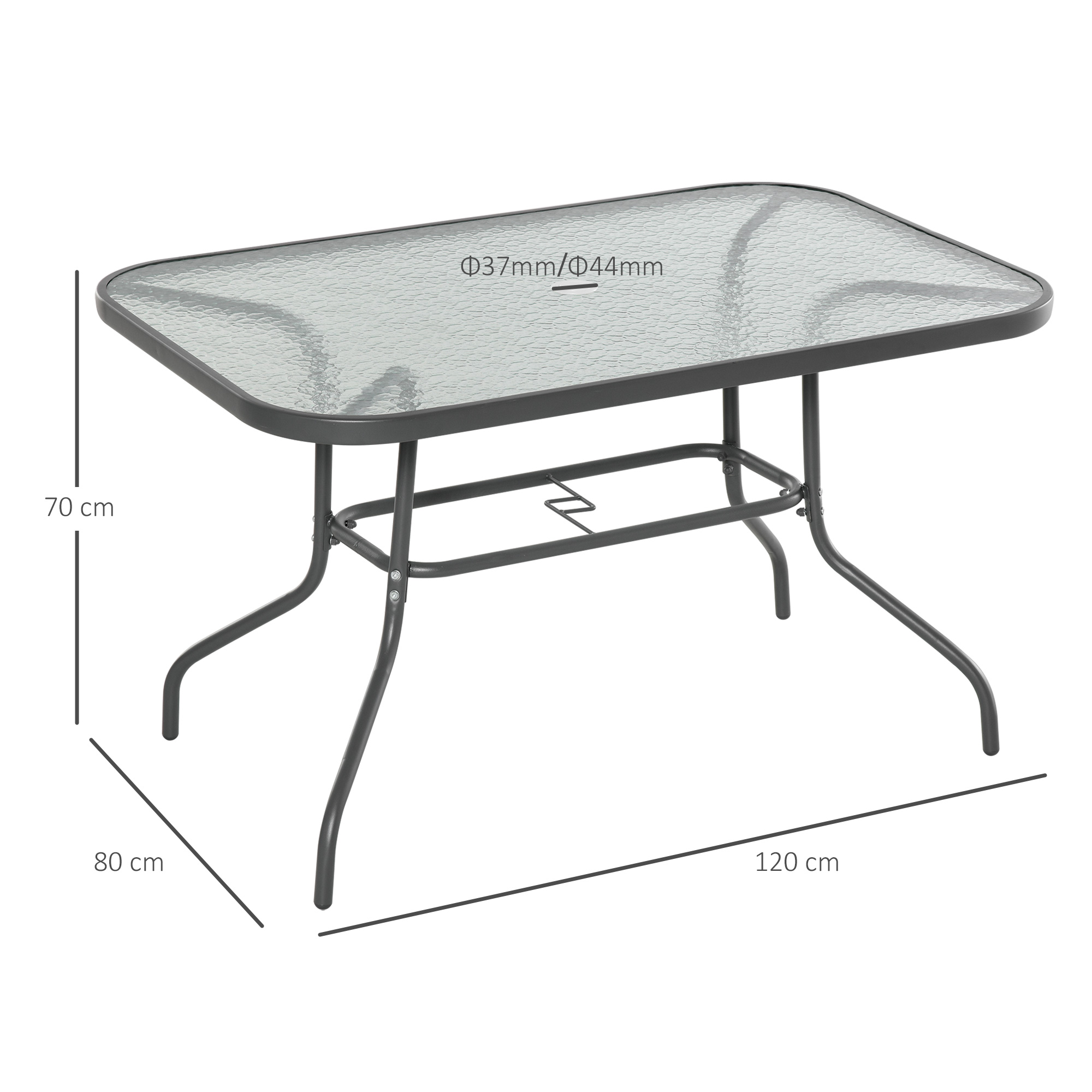 Un tavolo rettangolare con piano in vetro e telaio/gambe in metallo scuro, misura 120x80x70cm.