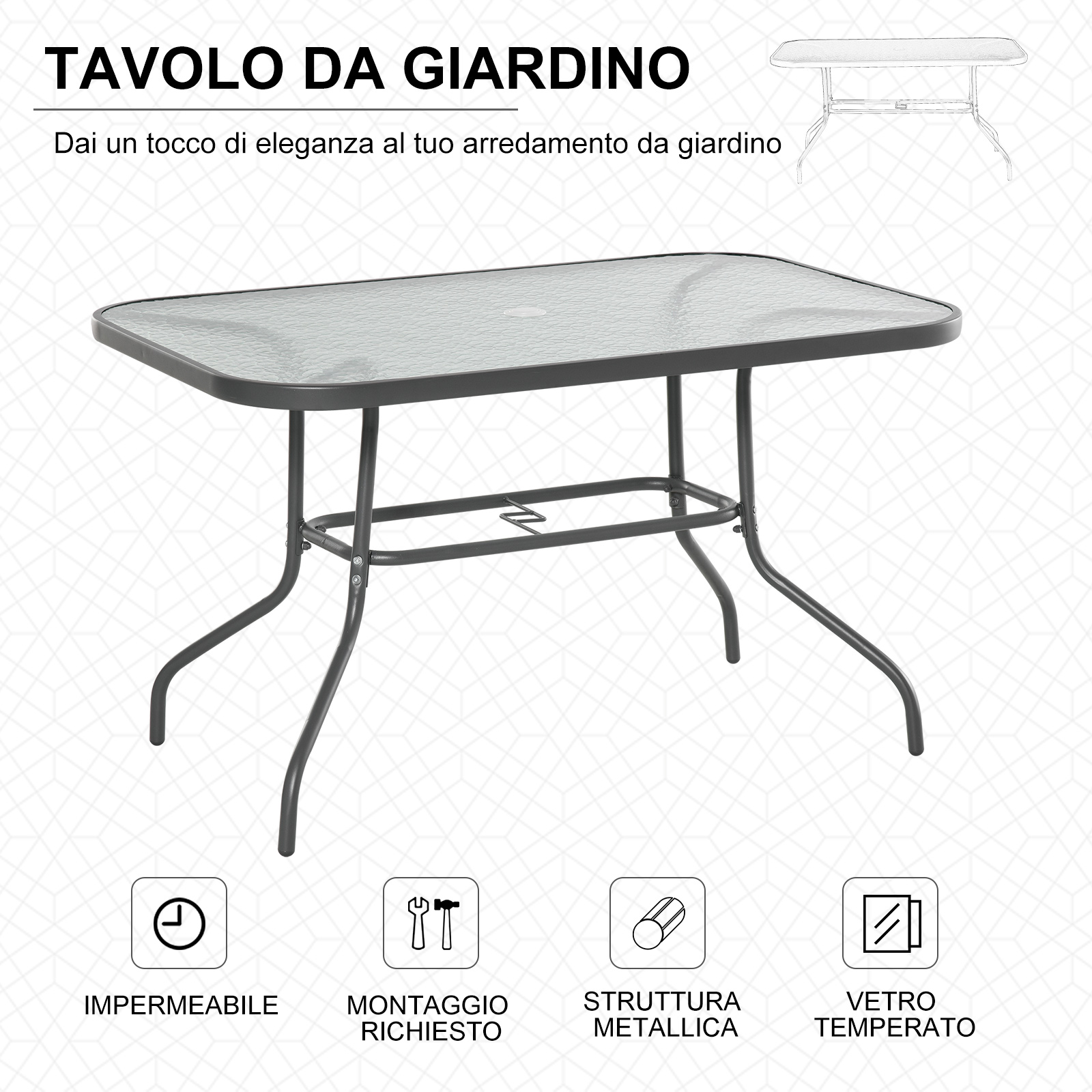 Tavolo da giardino rettangolare con piano in vetro e struttura metallica.
