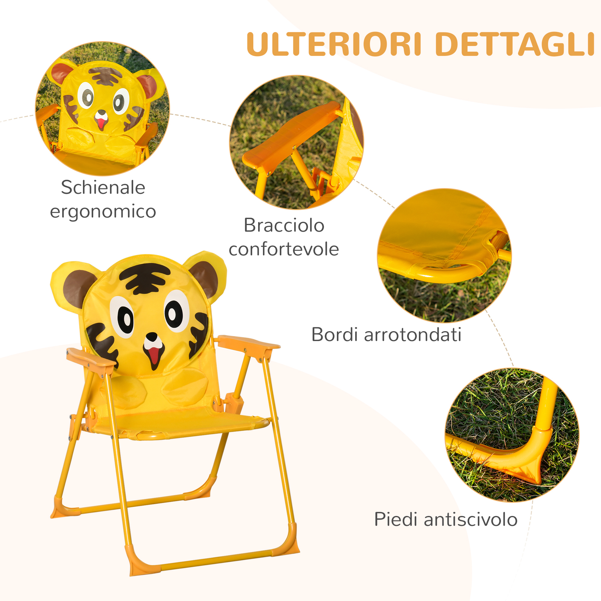 Una sedia per bambini gialla con design a faccia di tigre, braccioli e piedini antiscivolo.