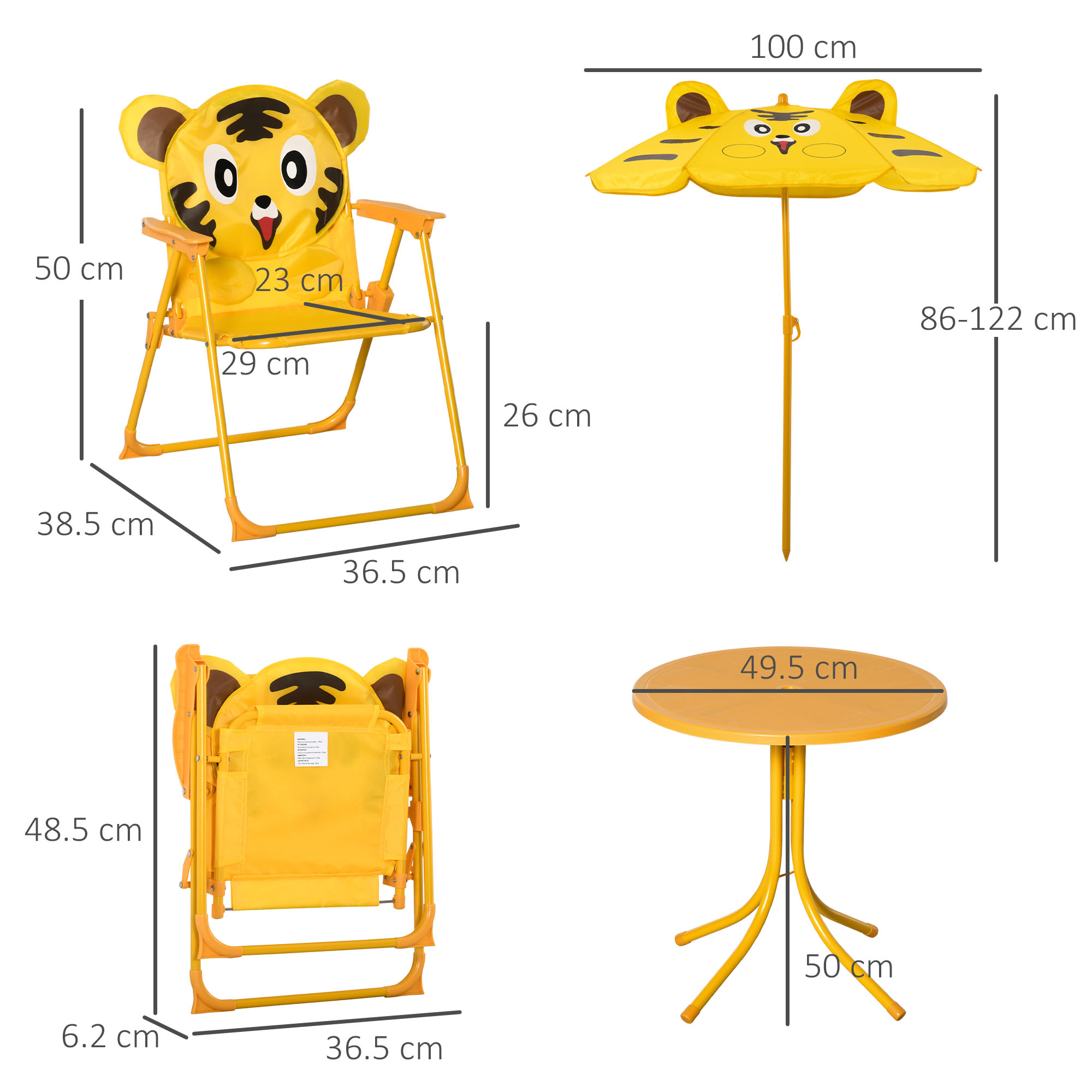 Tavolo, sedia gialli per bambini con disegno tigre e ombrellone.