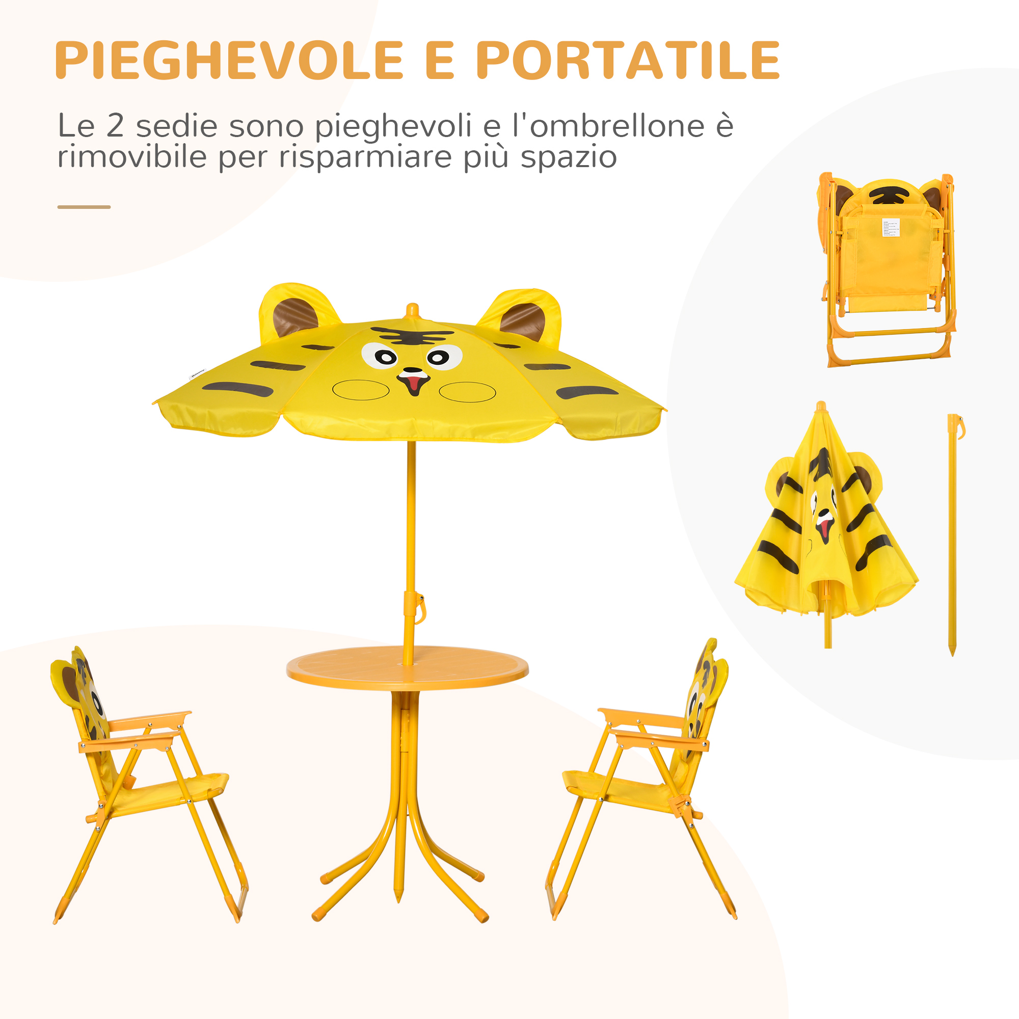 Mobili per bambini gialli: tavolo, sedia, ombrellone con faccia da tigre.