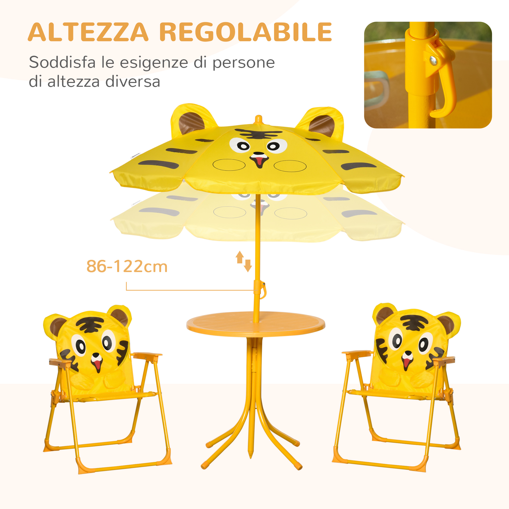 Tavolino giallo per bambini con due sedie e ombrellone a faccia di tigre. Altezza regolabile.