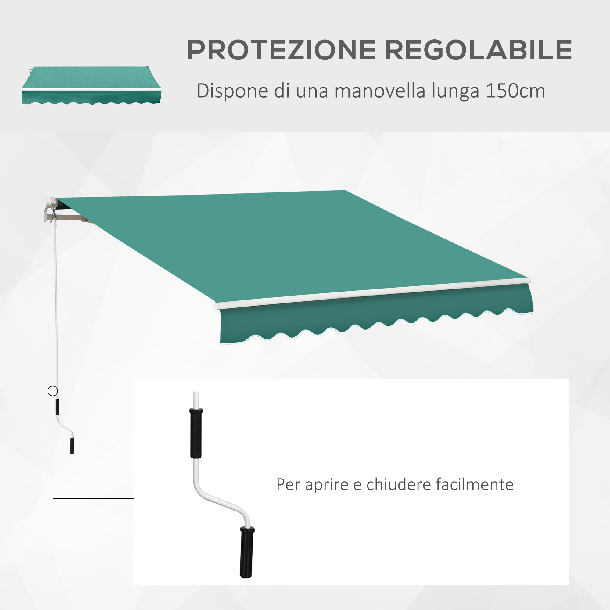 Tessuto per tenda da sole retrattile color verde acqua con bordo bianco e festonato.