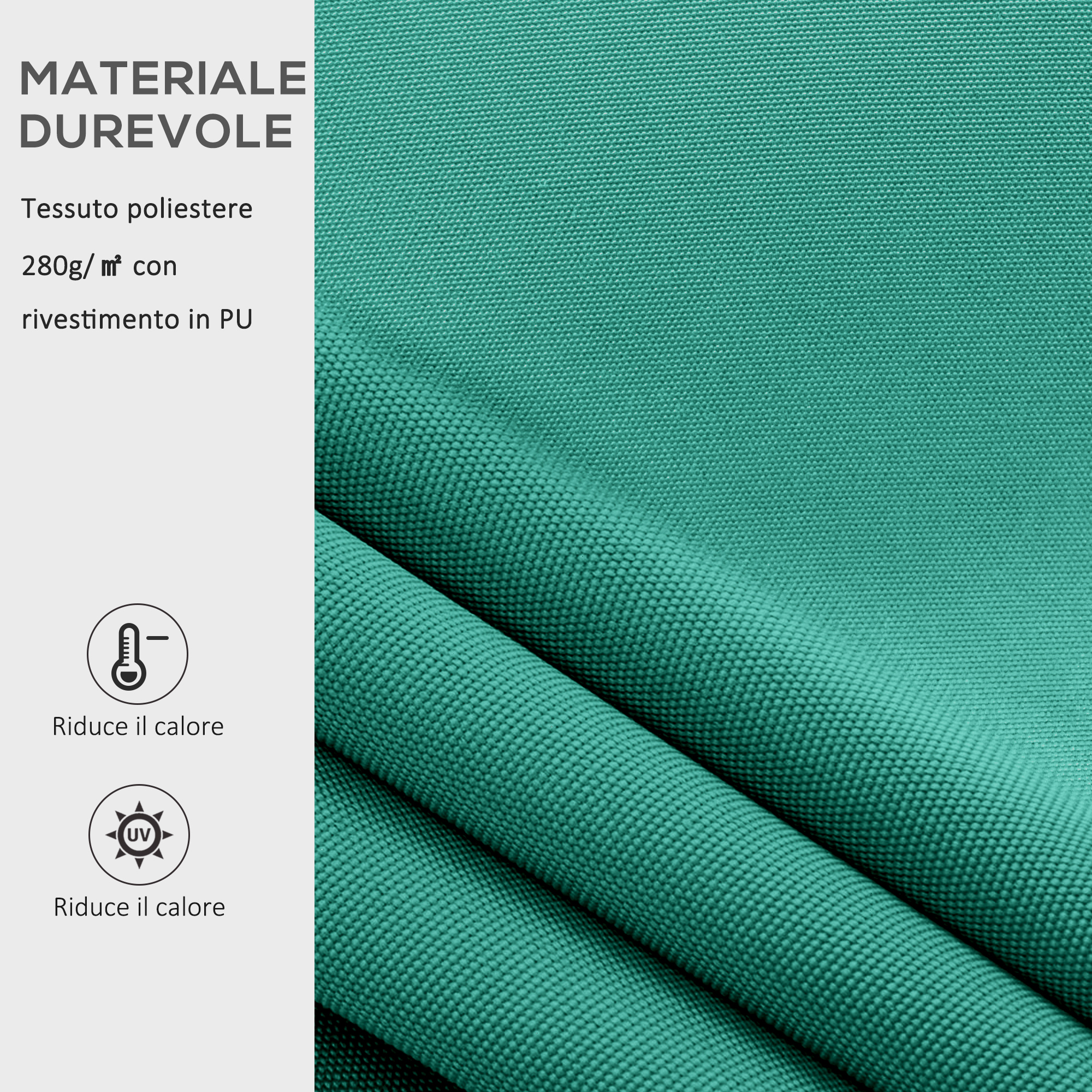 Tessuto color verde acqua con testo e icone per riduzione calore e protezione UV.