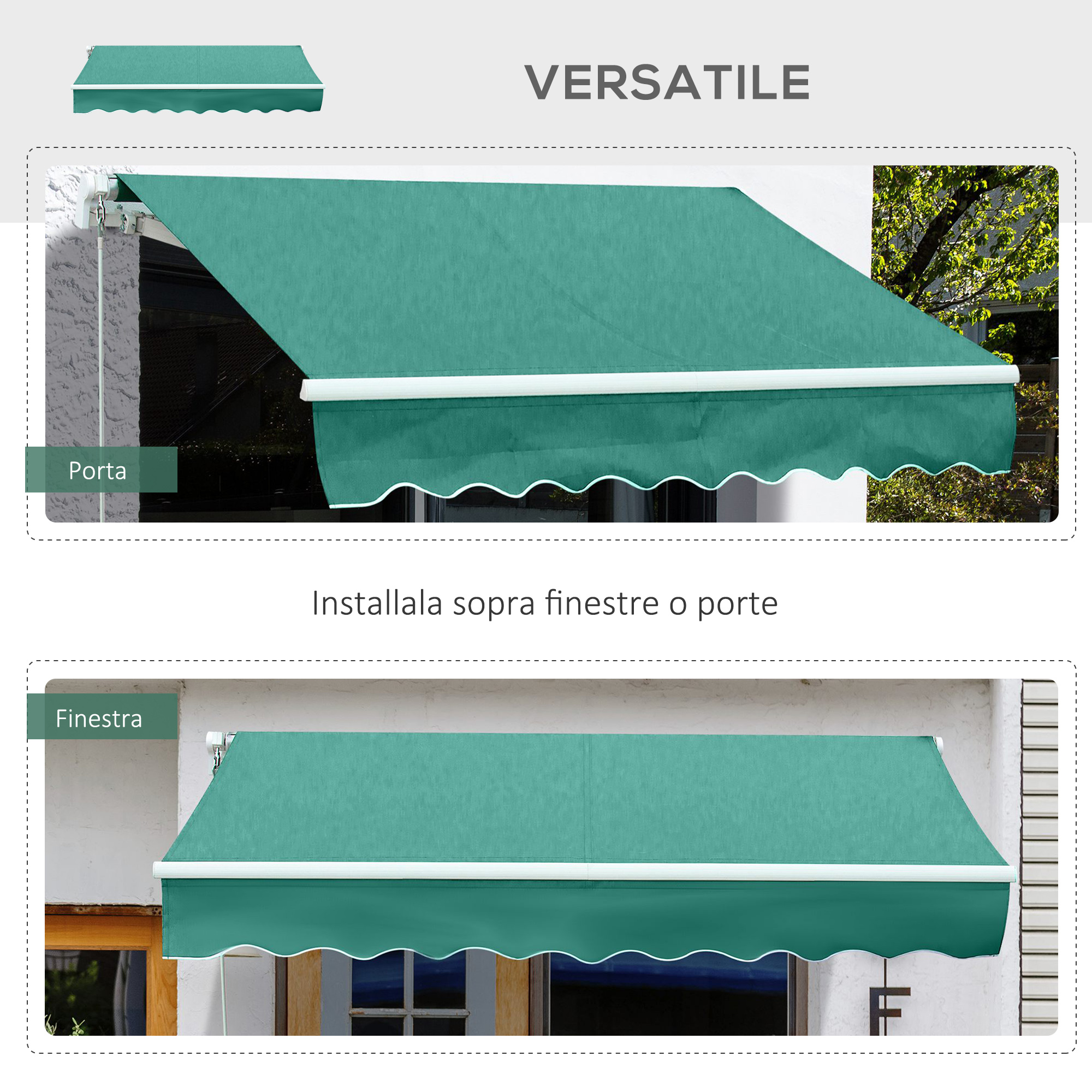 Tenda da sole verde sopra finestra e porta, con bordo bianco.