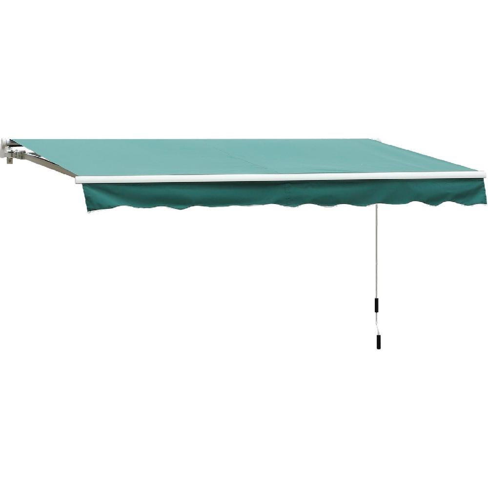 Un tessuto da tenda verde scuro esteso con bordo smerlato e braccio di supporto.
