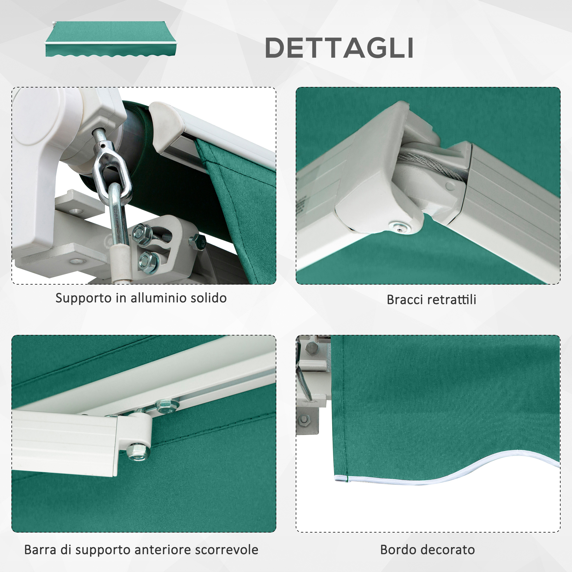 Tessuto per tenda da sole retrattile verde scuro con raccordi in alluminio.
