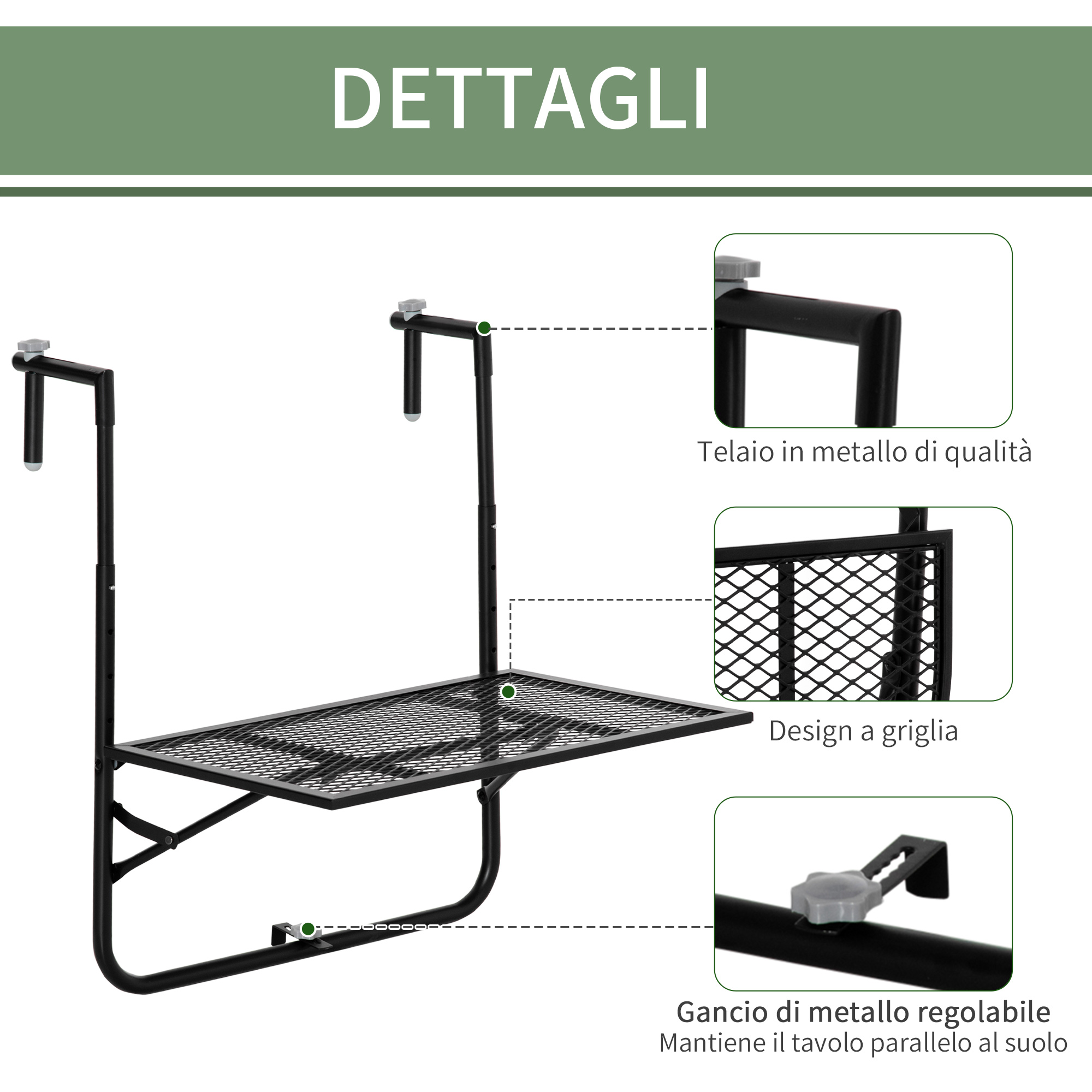 Uno scaffale in metallo nero con design a griglia e gancio regolabile.