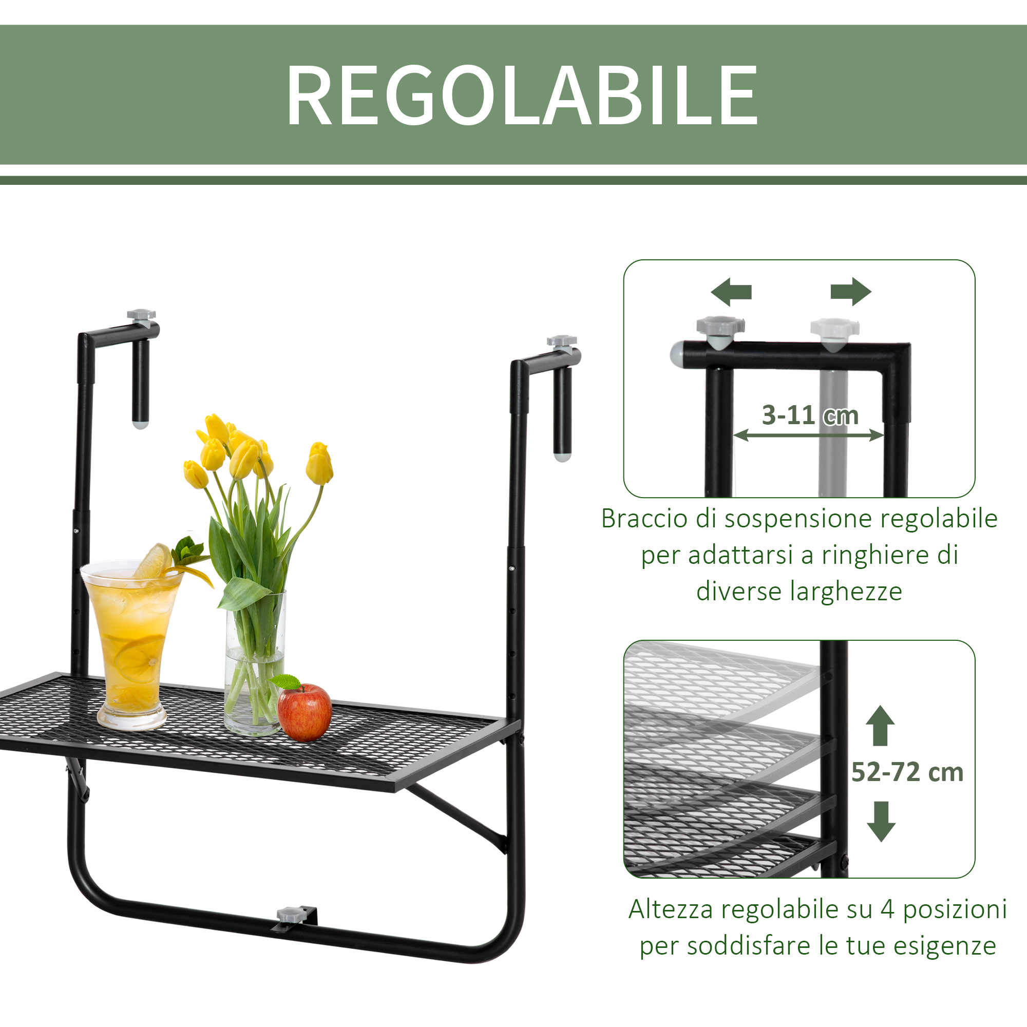 Tavolino da balcone regolabile con bevanda, fiori e mela. Mostra range regolazione.