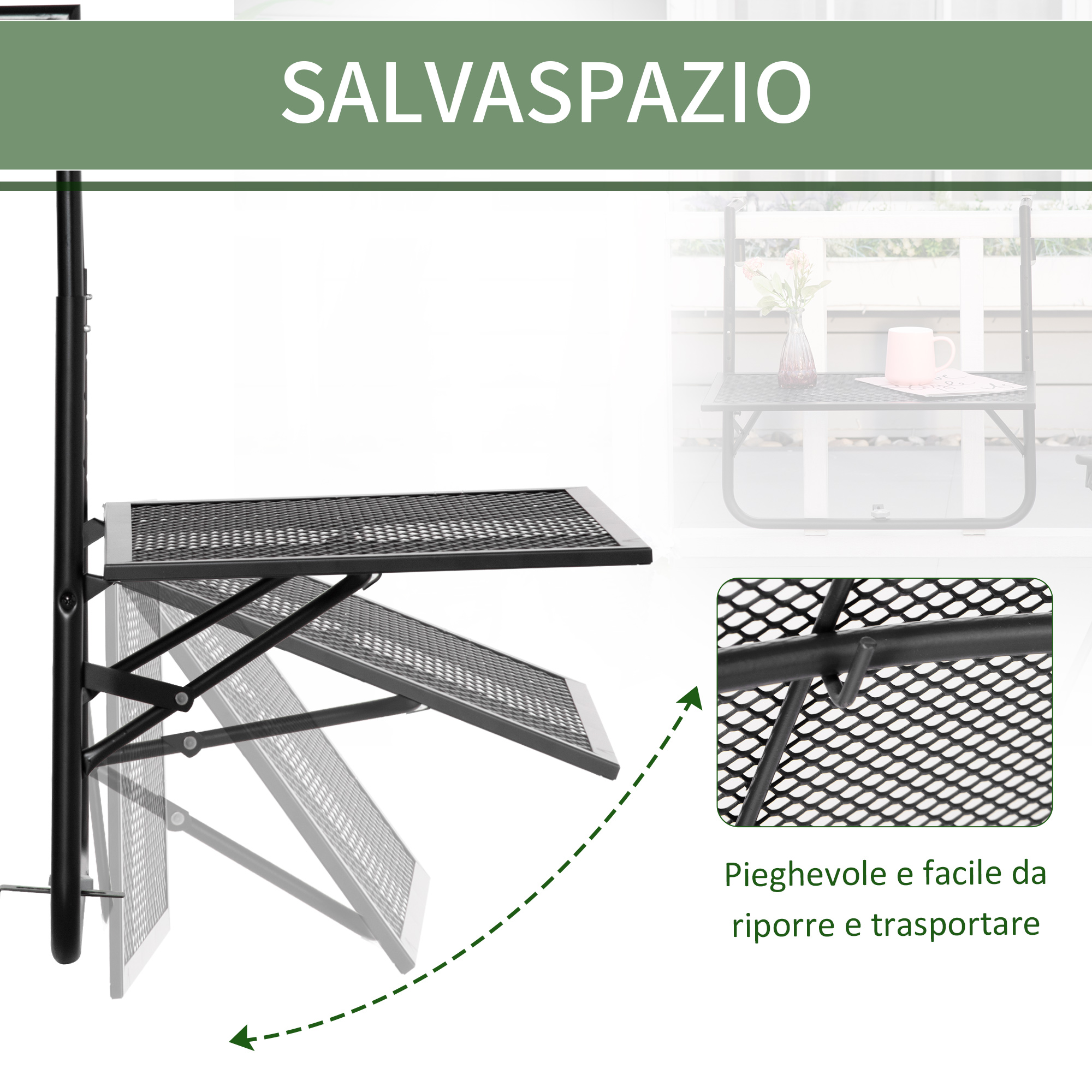 Scaffale metallico pieghevole da esterno nero, con primo piano dettagliato.