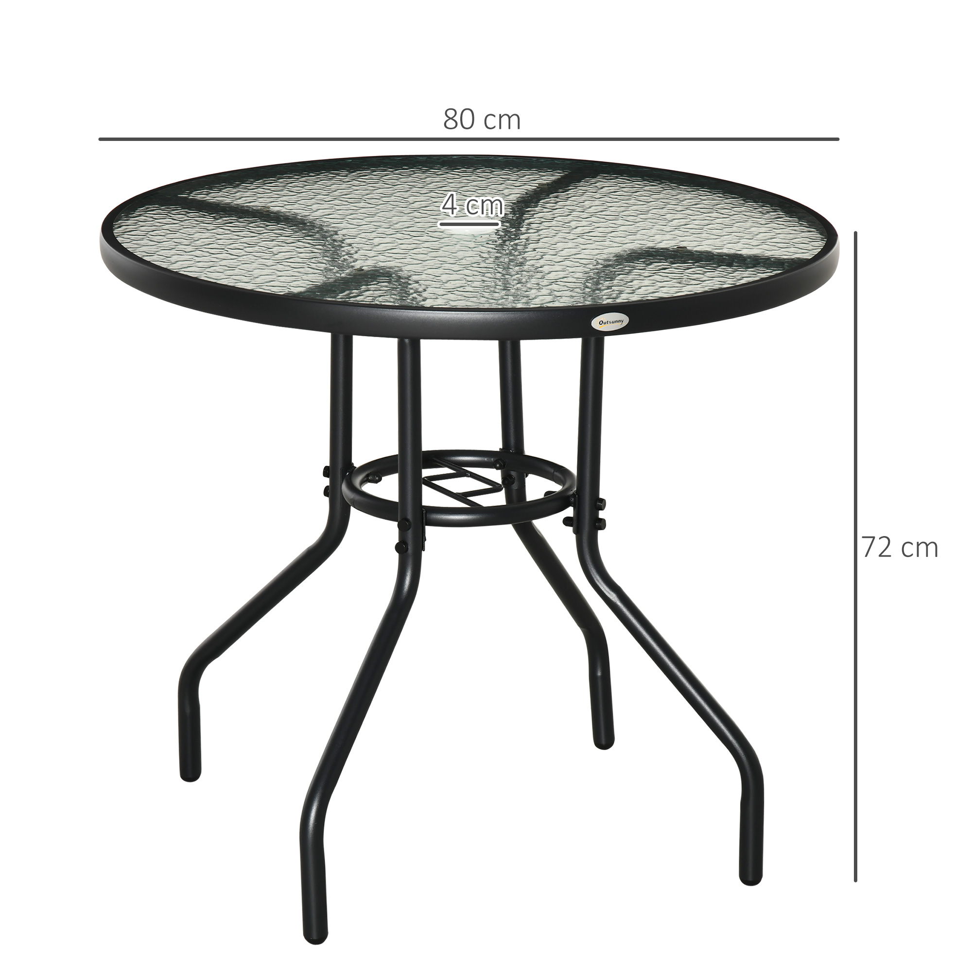 Tavolo rotondo in vetro con struttura in metallo nero, largo 80cm e alto 72cm.