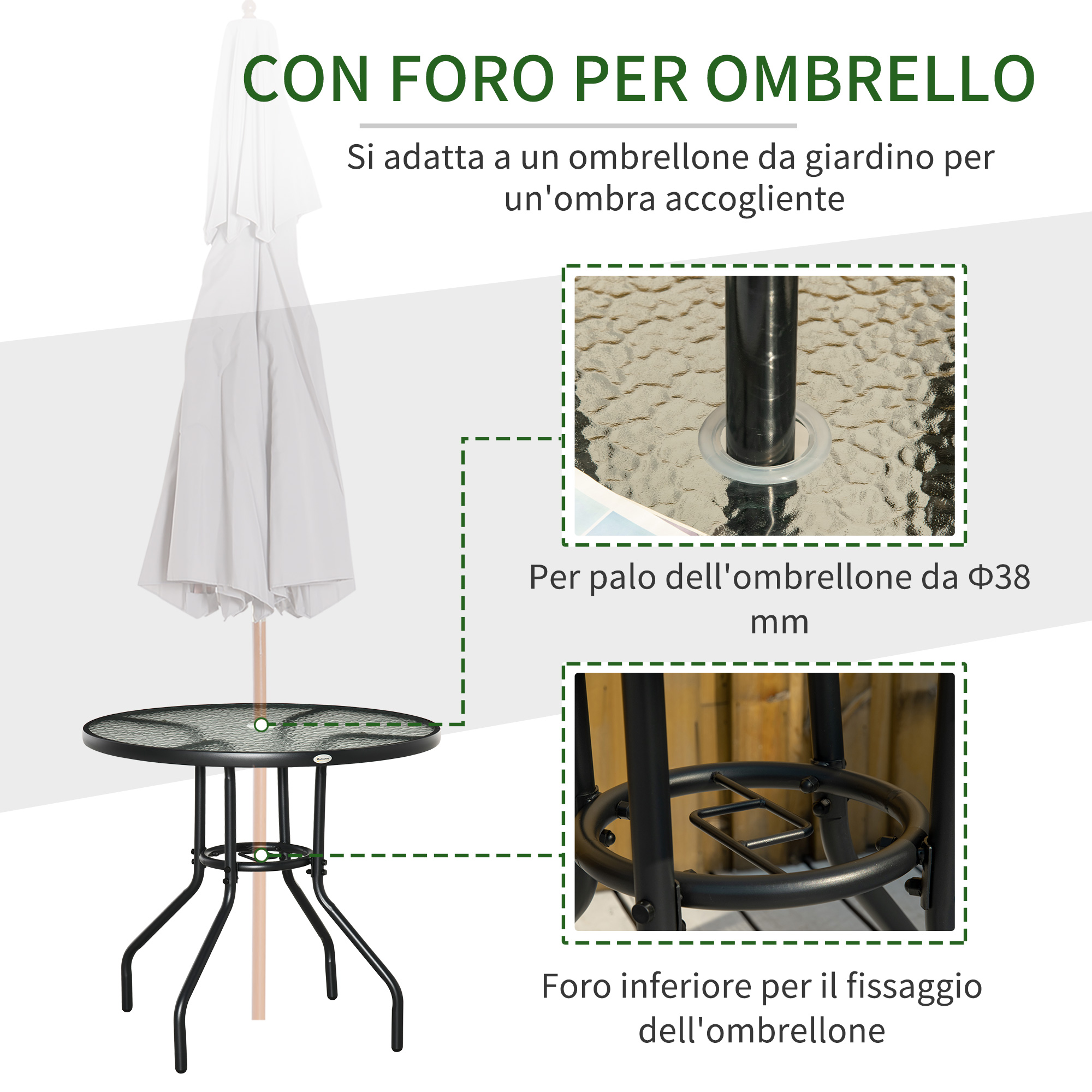 Un tavolo rotondo in vetro con ombrellone e dettagli.
