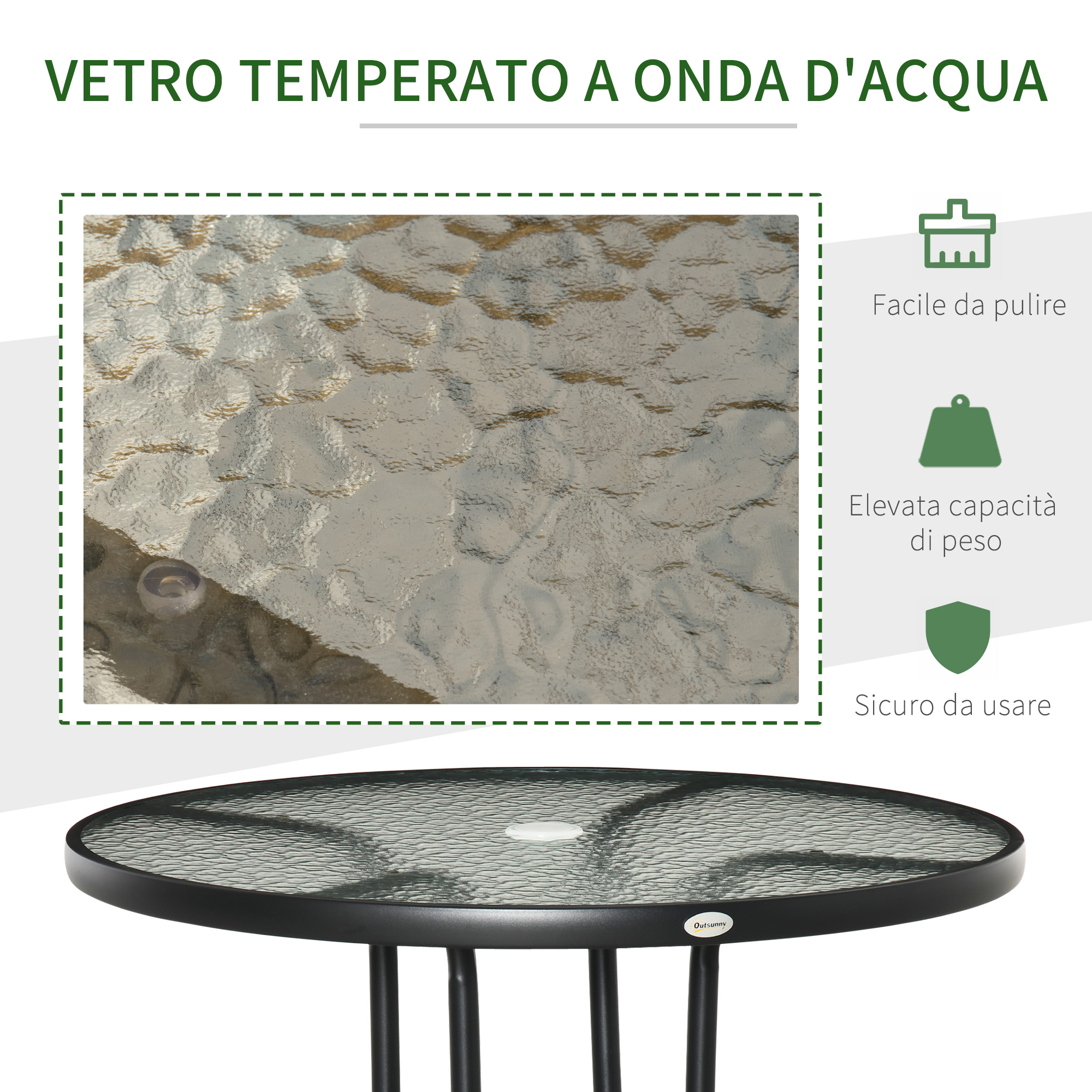Un tavolo rotondo in vetro con motivo a onda d'acqua e foro per ombrellone.