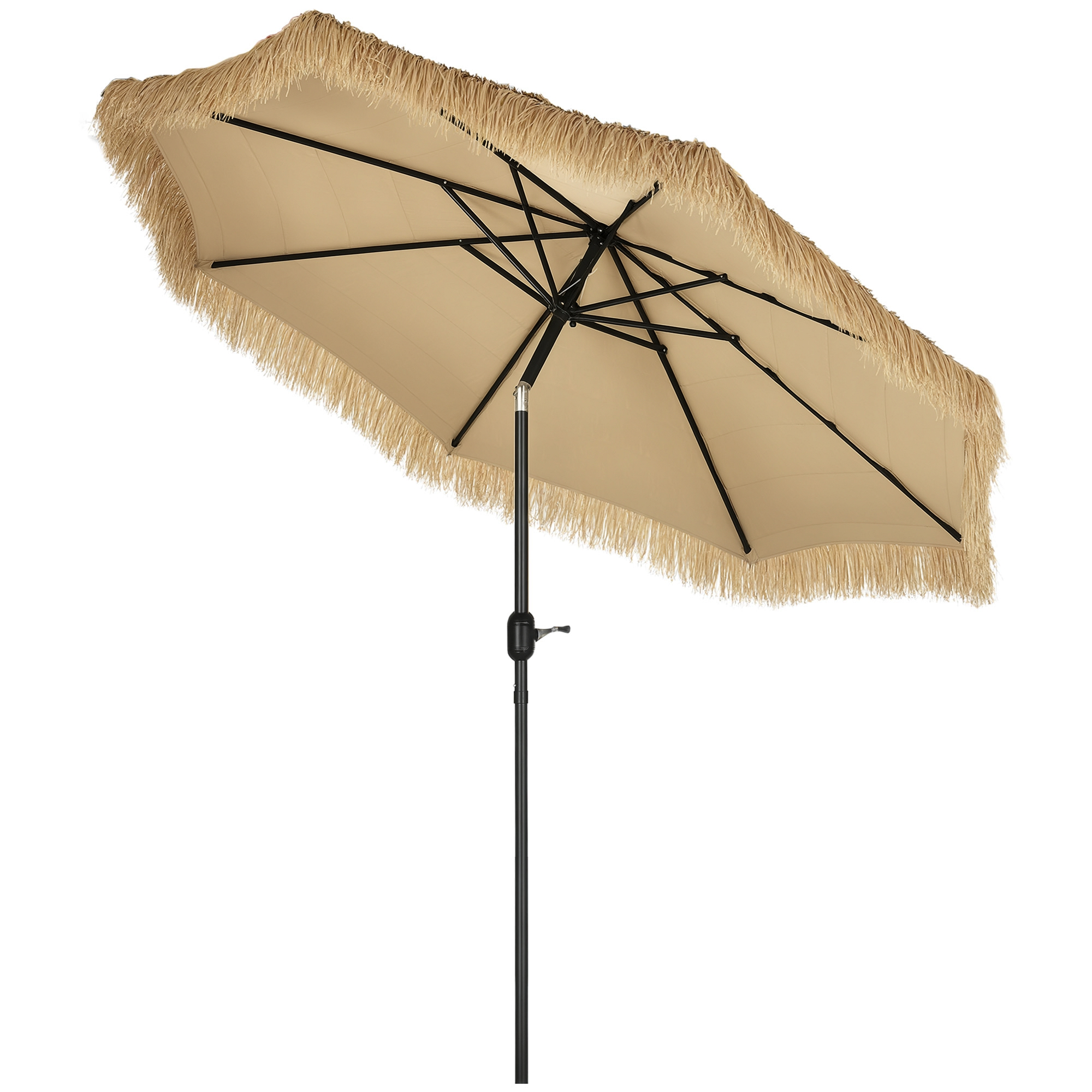 Ombrellone beige con frange e struttura nera, mostrato dal basso.