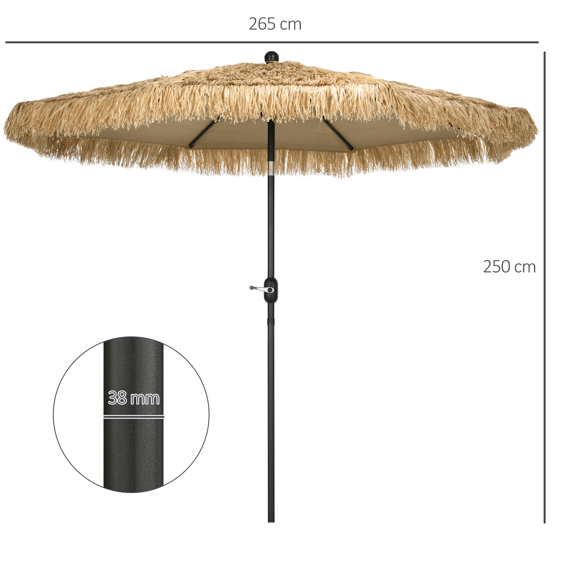 Un ombrellone con frange di paglia, largo 265 cm, alto 250 cm. Diametro palo 38 mm.