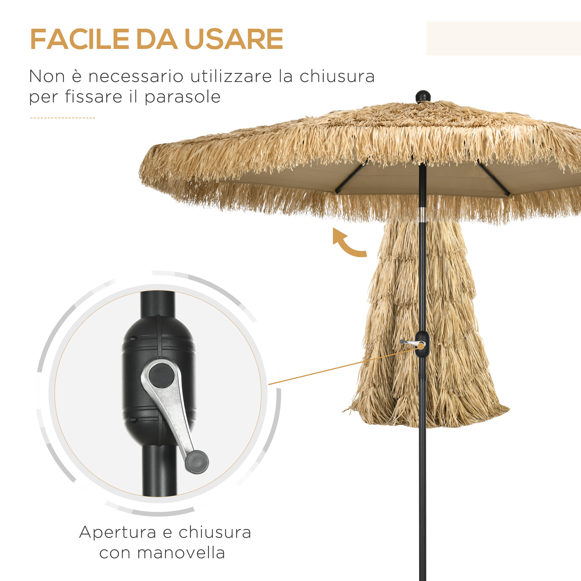 Un parasole con frange e meccanismo a manovella per apertura e chiusura facili.