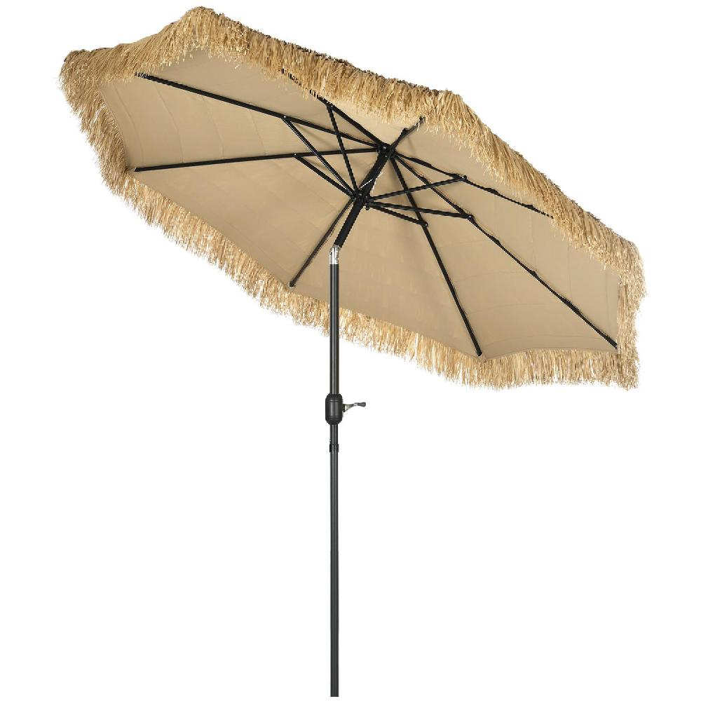 Un ombrellone rettangolare in tessuto beige con frange, con struttura nera.