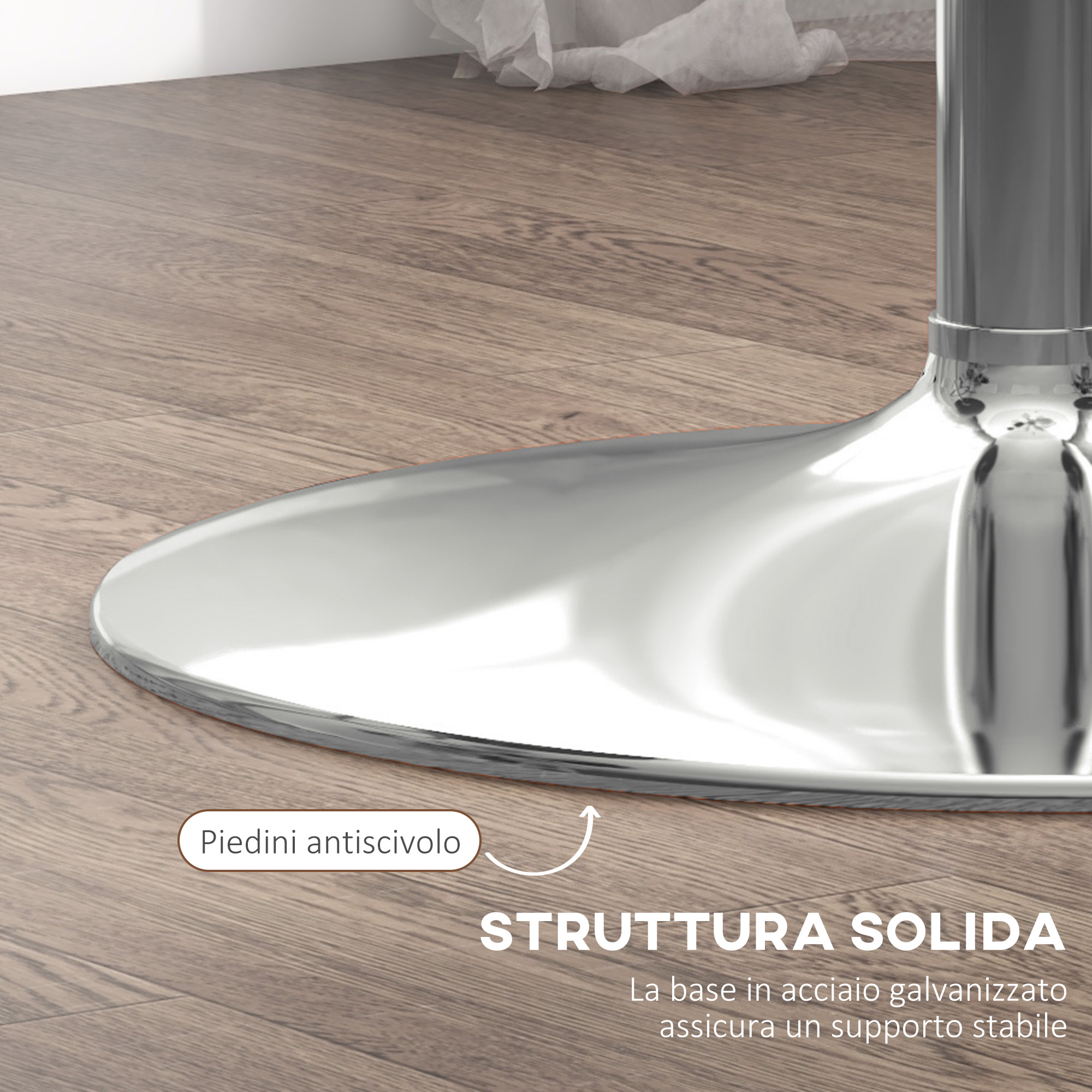Base cromata su pavimento in legno con etichette.