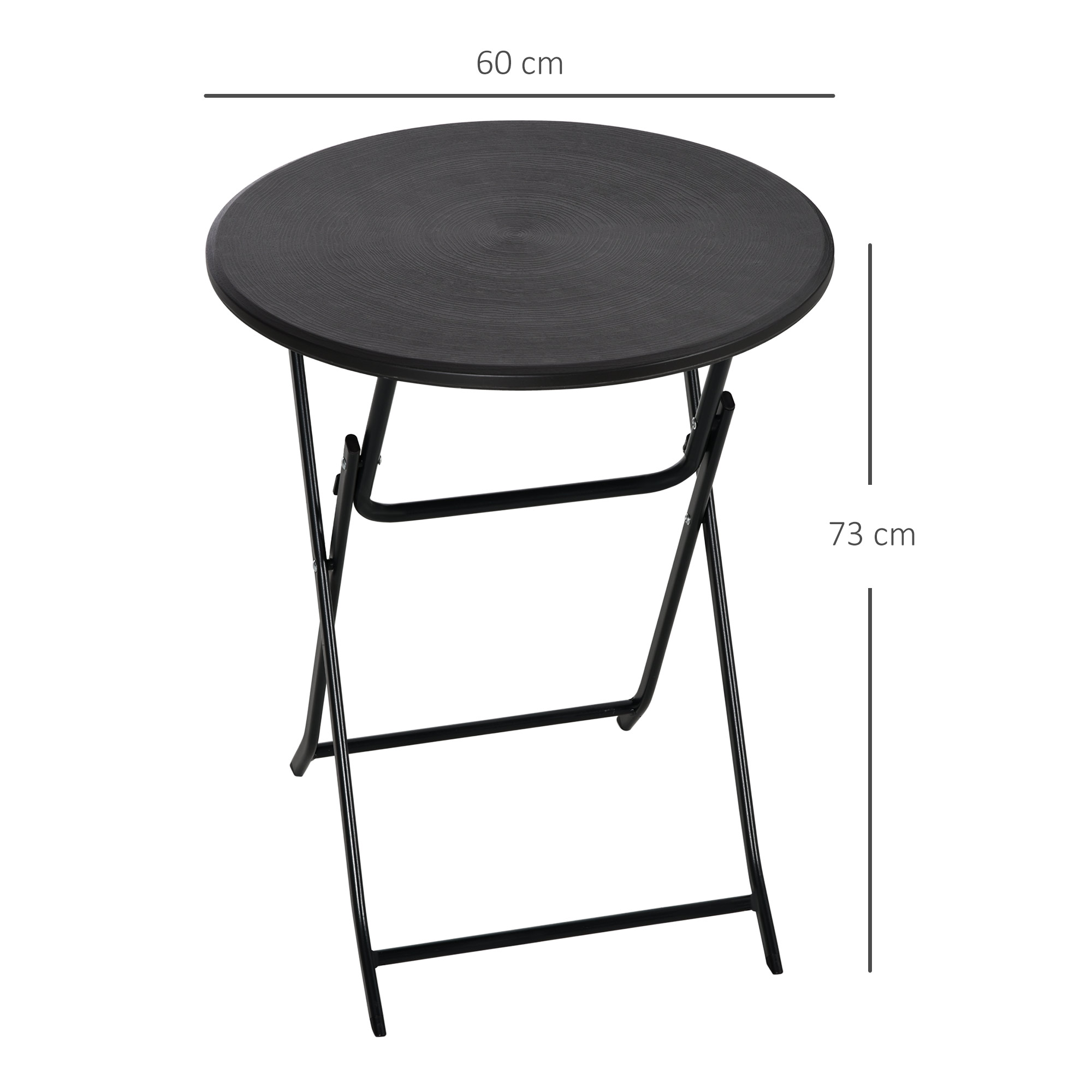 Un tavolo rotondo pieghevole nero con gambe in metallo, largo 60 cm e alto 73 cm.
