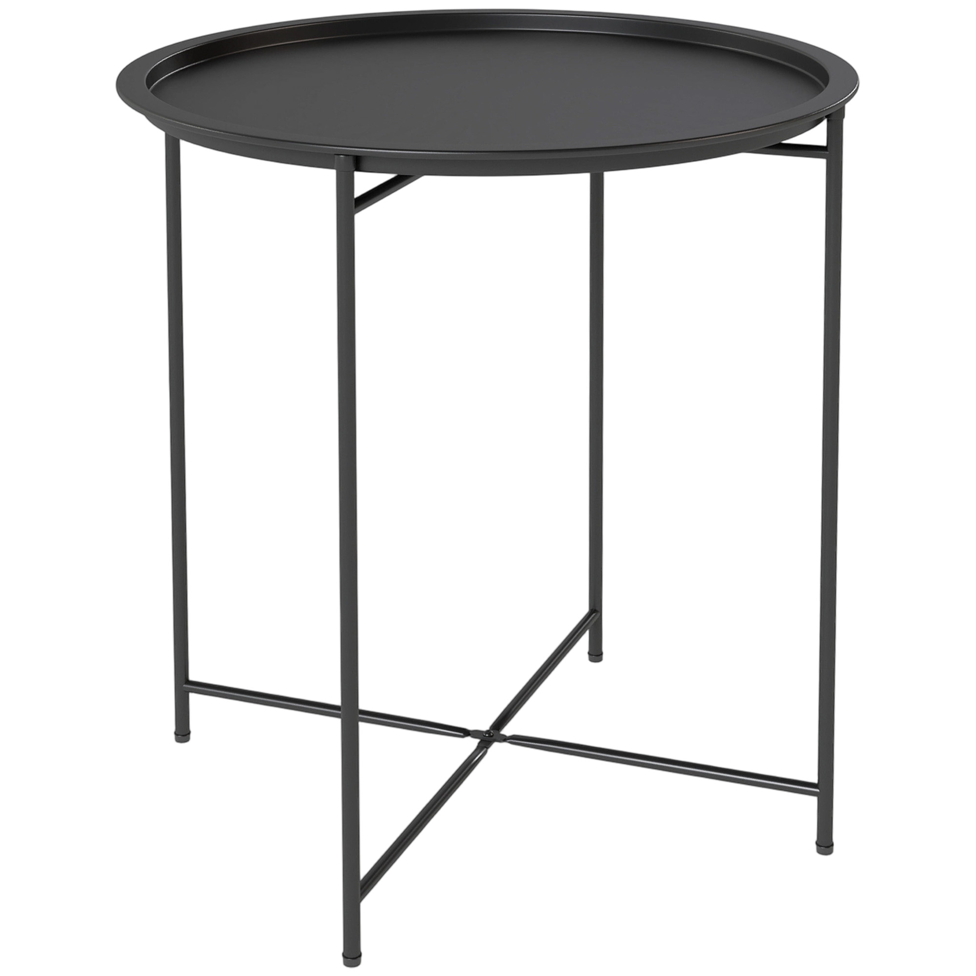 Un tavolino rotondo nero con gambe metalliche sottili e bordo rialzato.