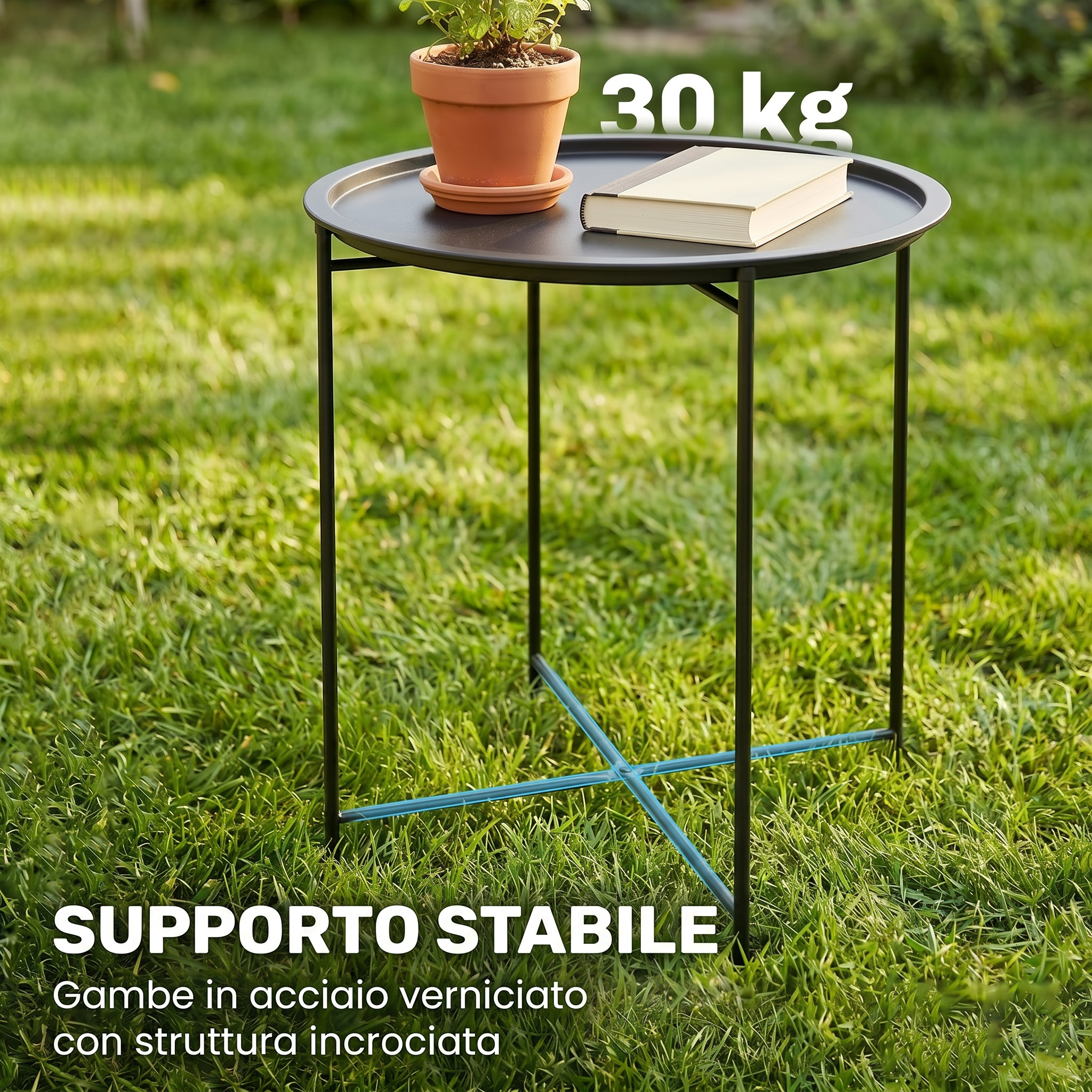 Tavolino nero con pianta in vaso e libro all'esterno. Supporta 30 kg.