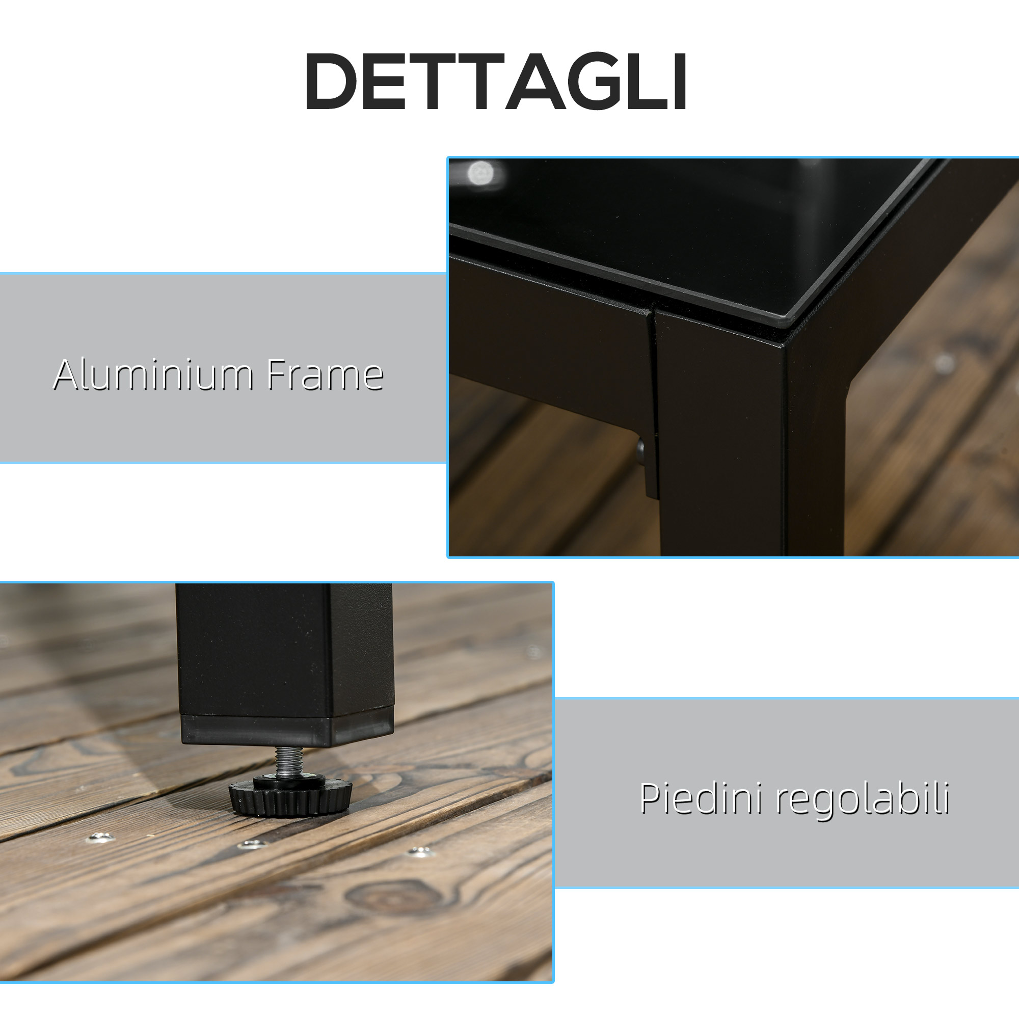 Dettaglio di un tavolo con telaio in alluminio e piedini regolabili.