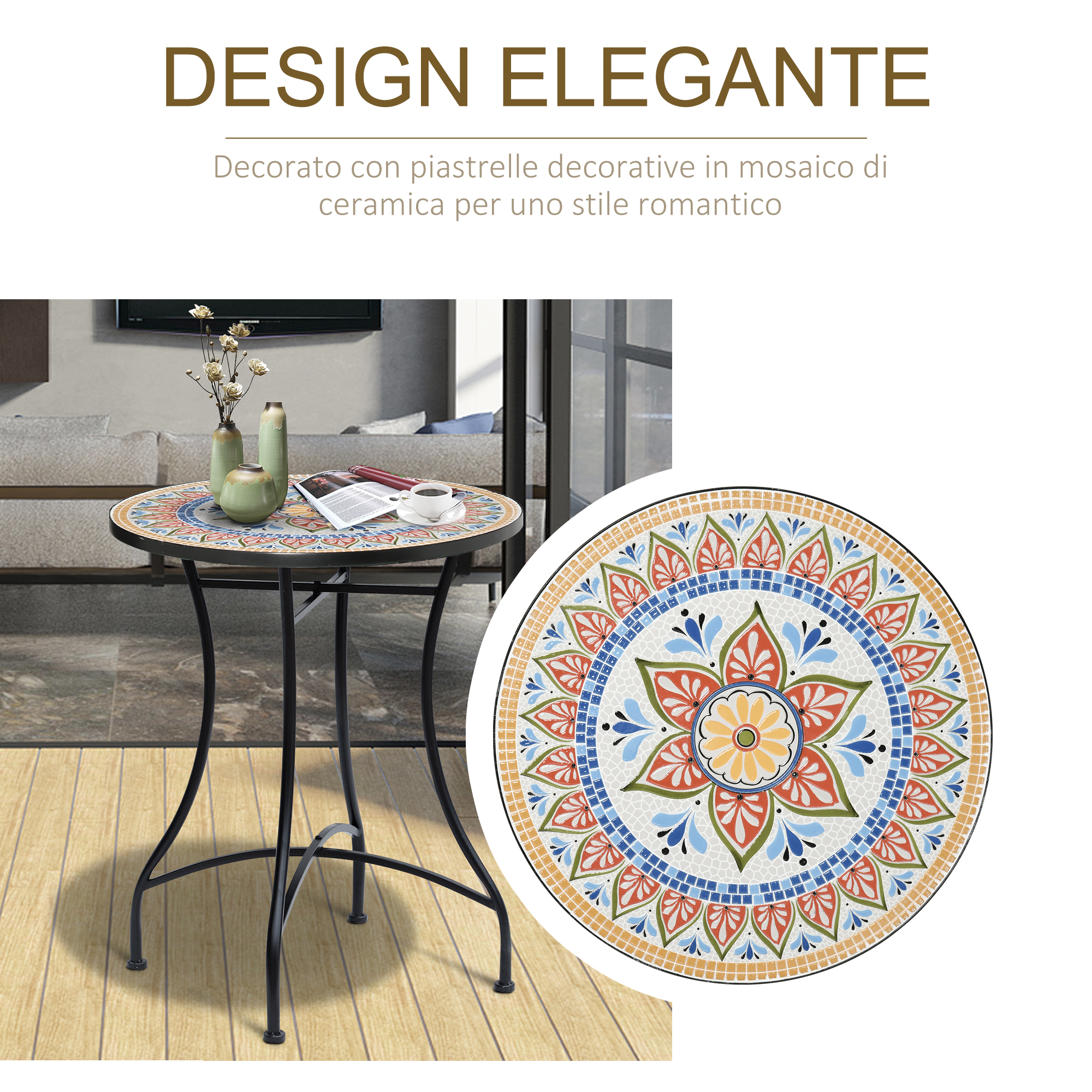 Un tavolo rotondo in mosaico con motivo floreale si trova su un pavimento in legno.