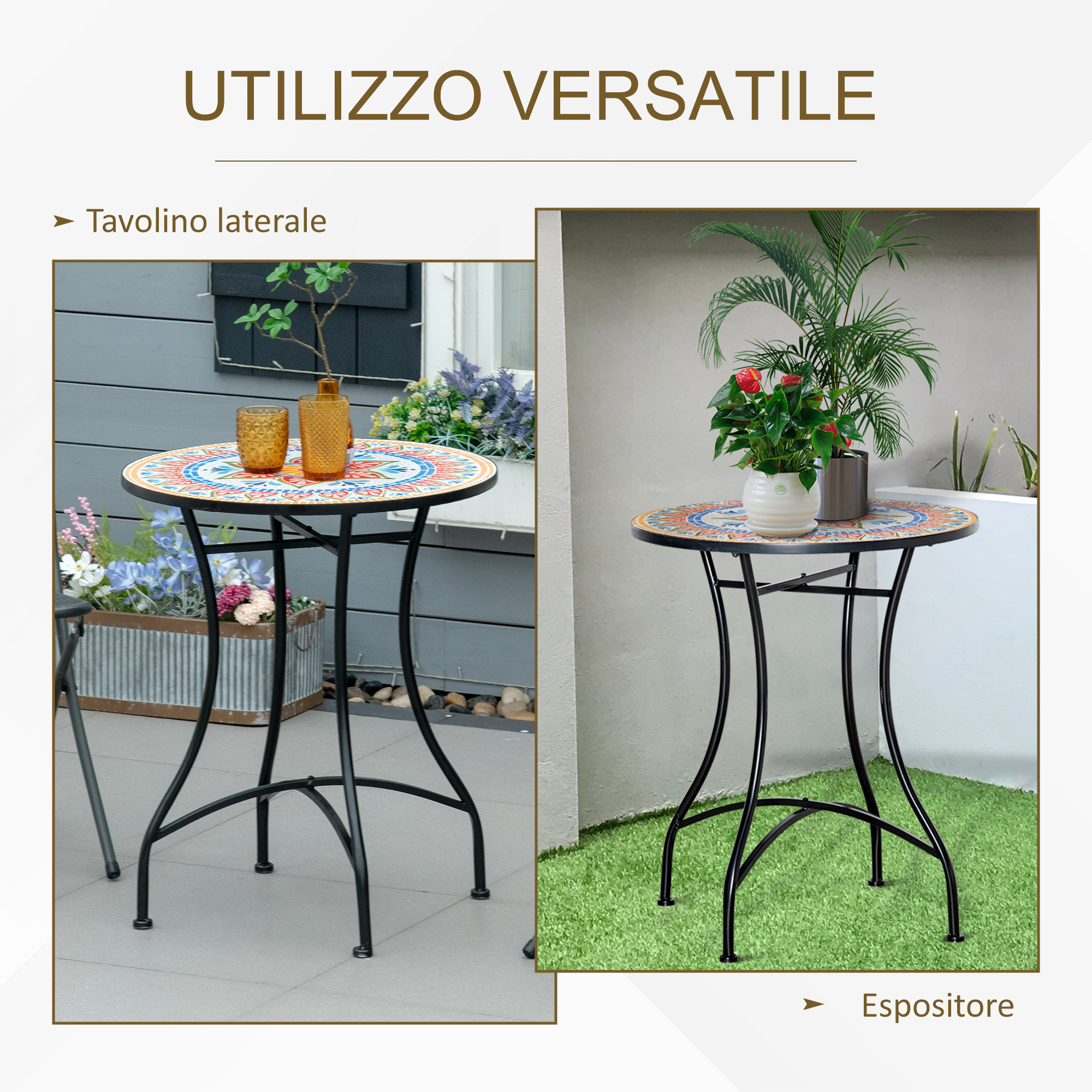 Un tavolino con mosaico, fiori e bicchieri su patio e prato artificiale.