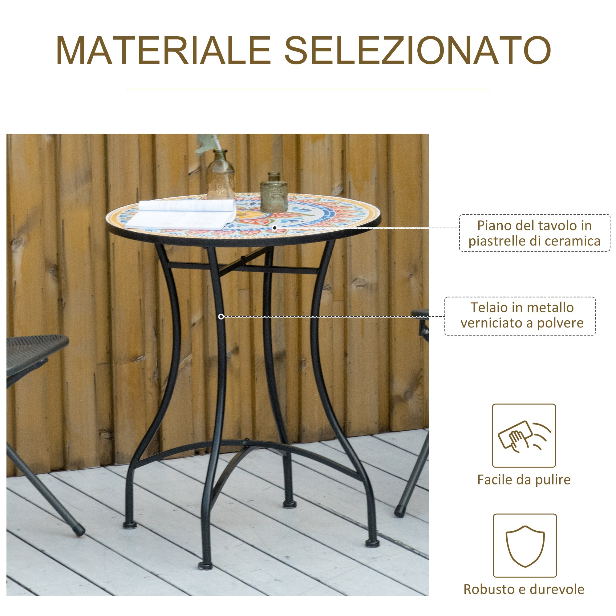 Tavolo rotondo con piano in ceramica e telaio in metallo su deck legno.