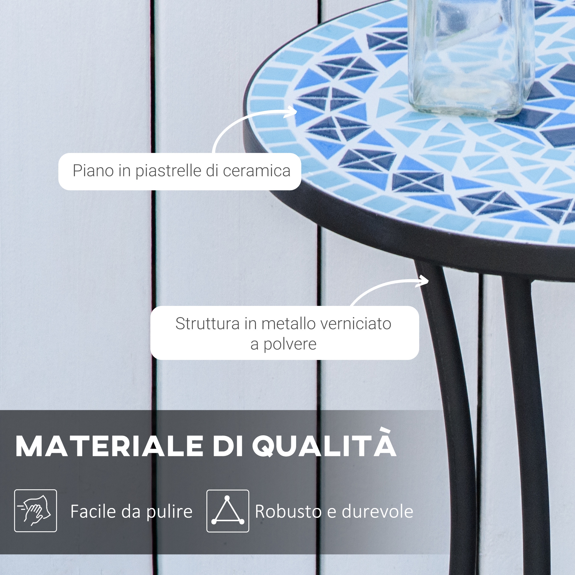 Tavolino con piano in ceramica mosaico blu/bianco e struttura nera.