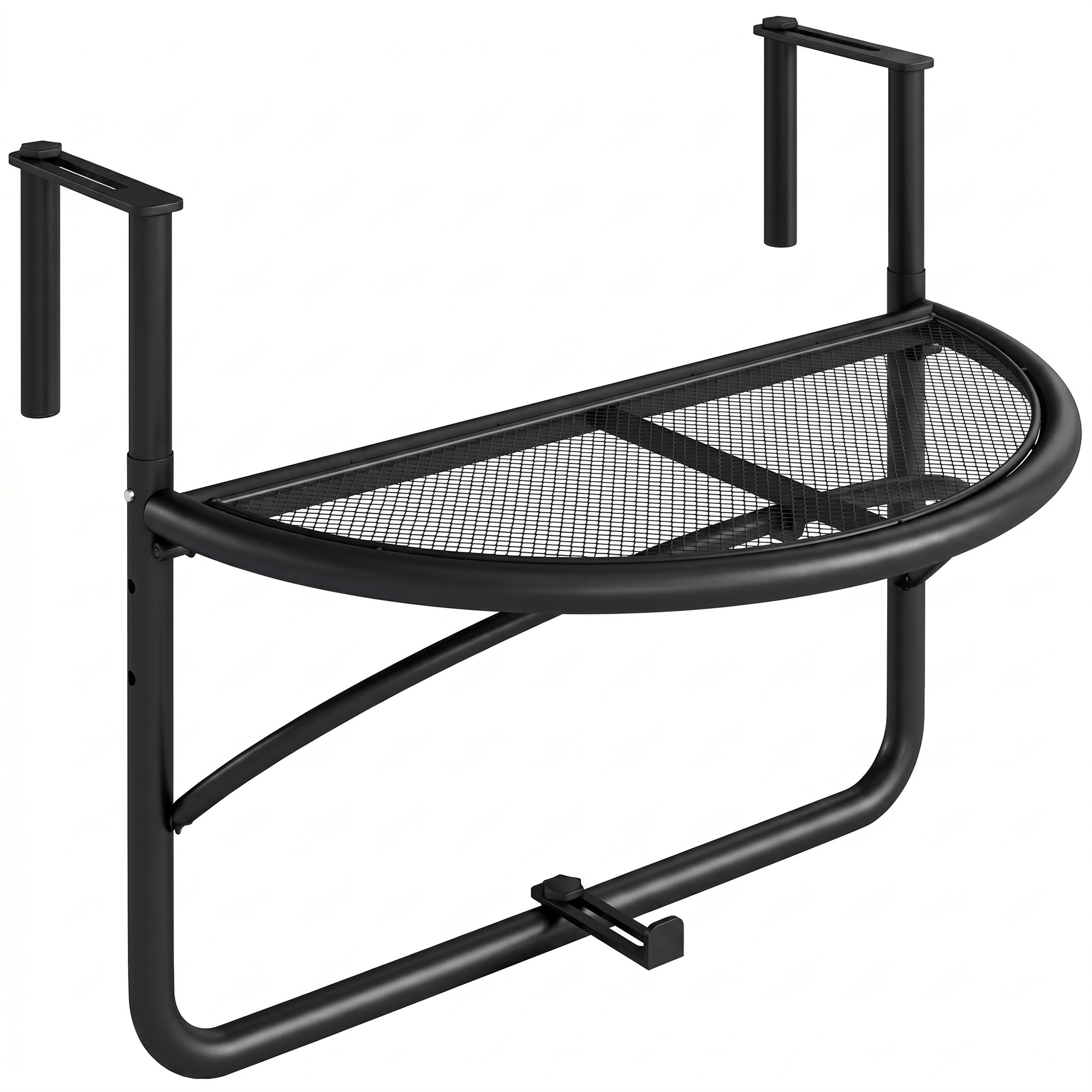 Scaffale nero in metallo per ringhiera da balcone con grata a rete semicircolare.