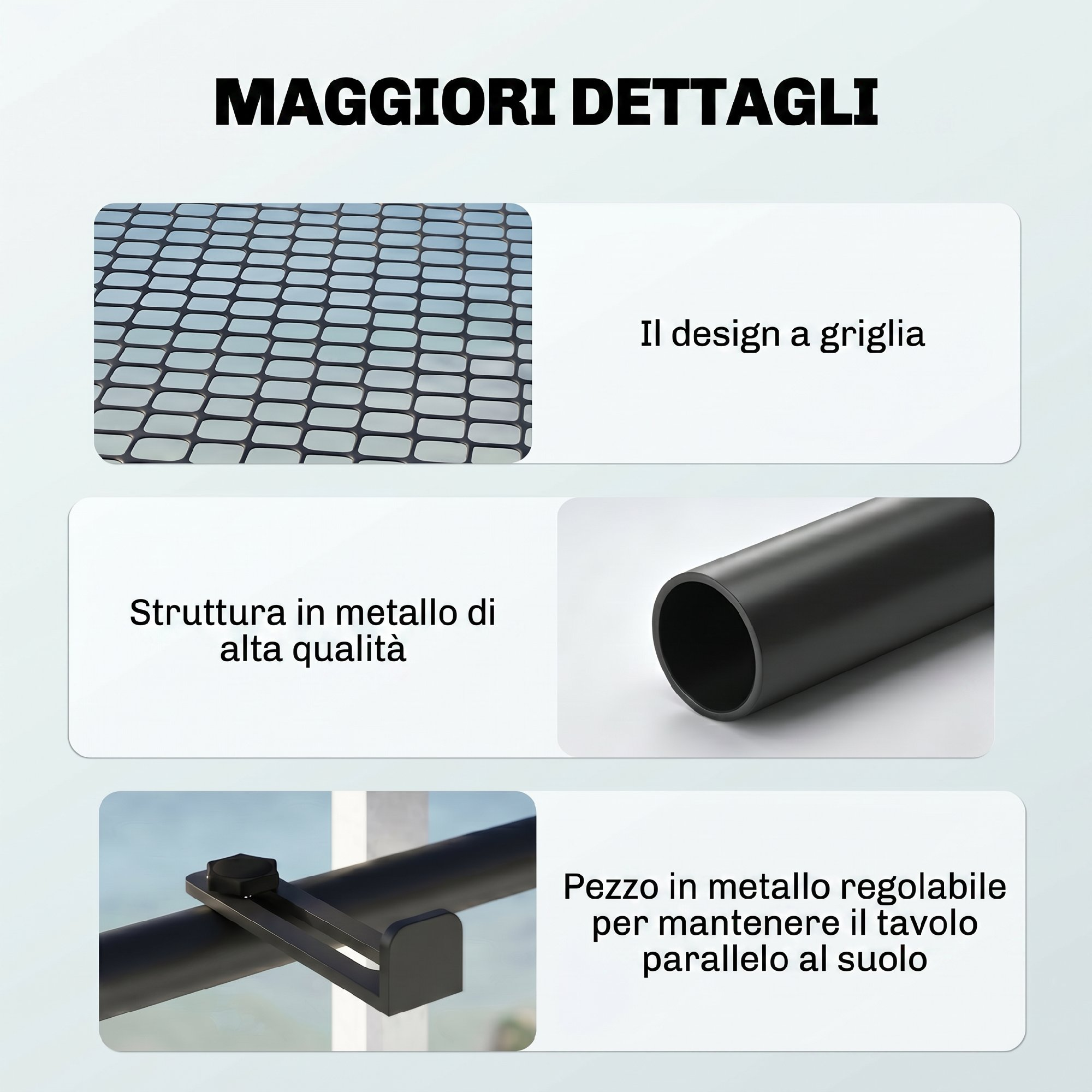 Design a griglia, struttura in metallo e pezzo metallo regolabile