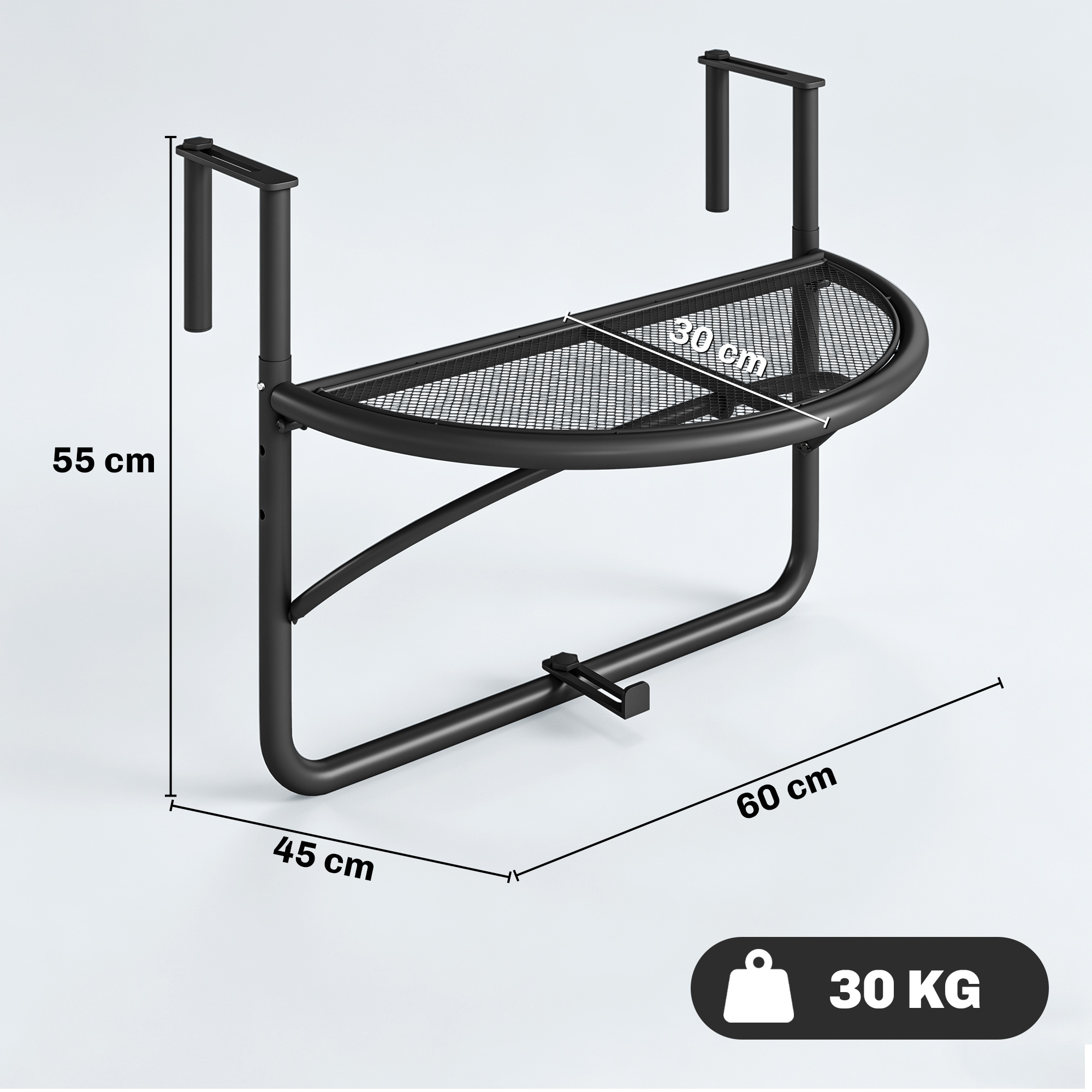 Cesto pensile nero per balcone, dimensioni 55x45x30 cm, capacità 30 kg.