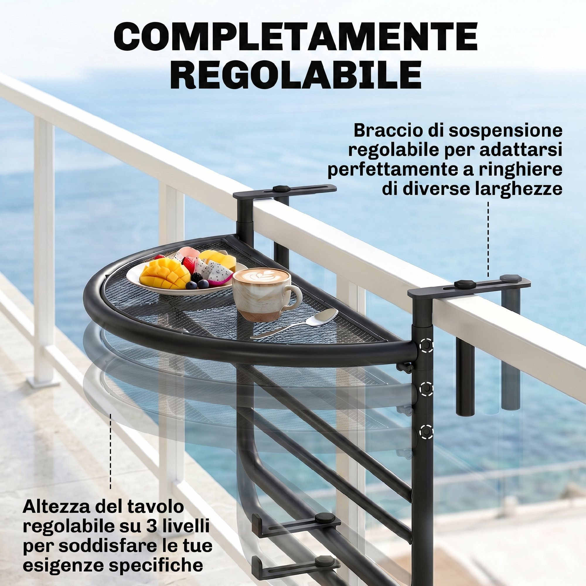 Tavolo da balcone regolabile con frutta e caffè, fissato a una ringhiera.