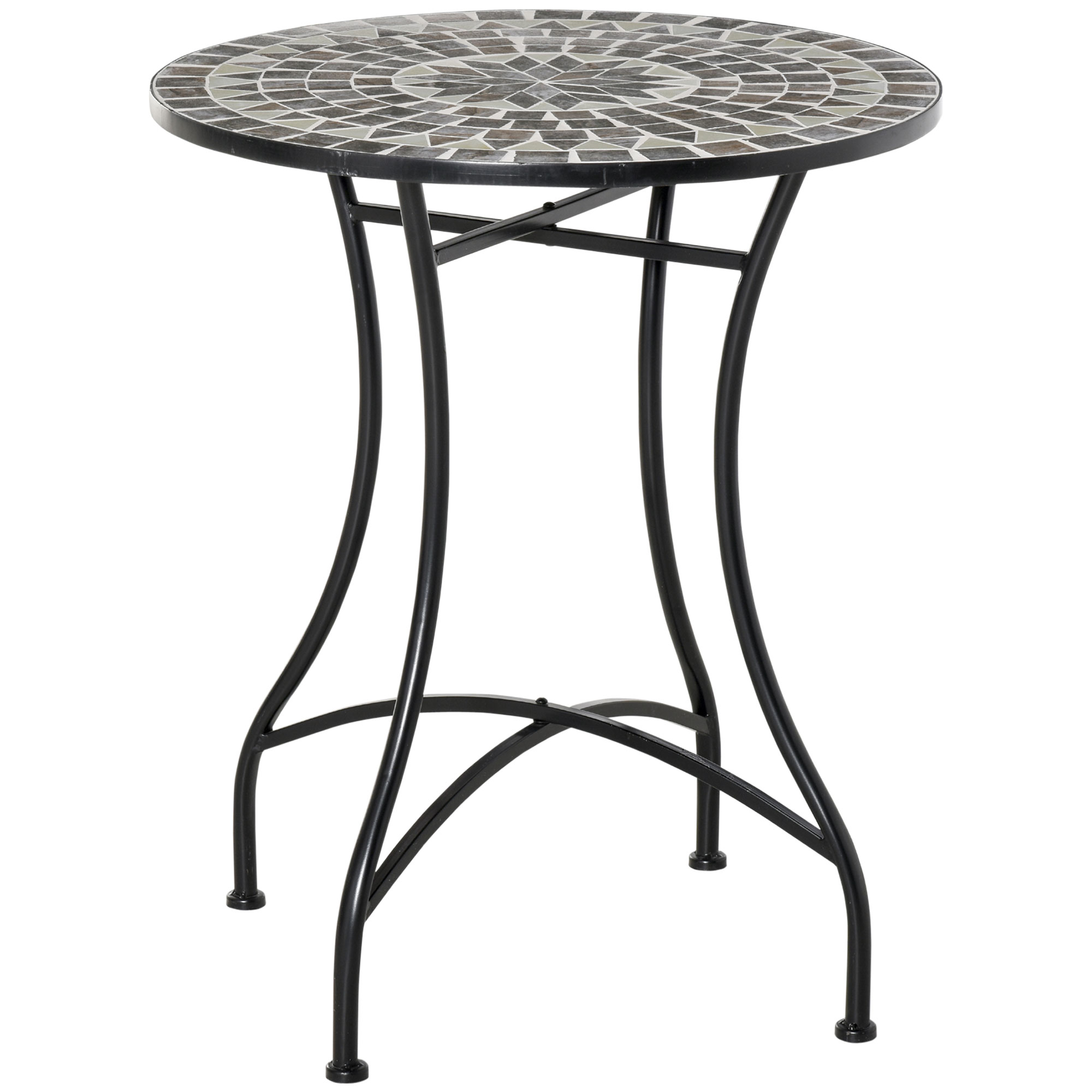 Tavolo rotondo in mosaico con base in metallo nero e motivo geometrico.