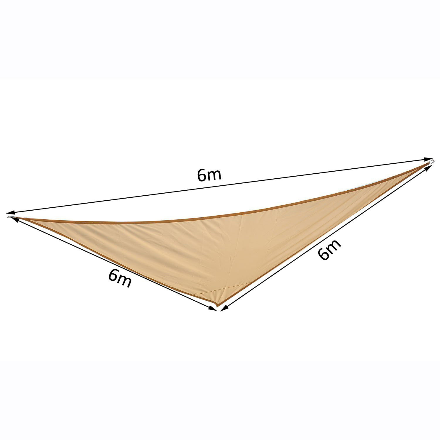 Una vela parasole beige, 6m x 6m x 6m, con occhielli metallici agli angoli.