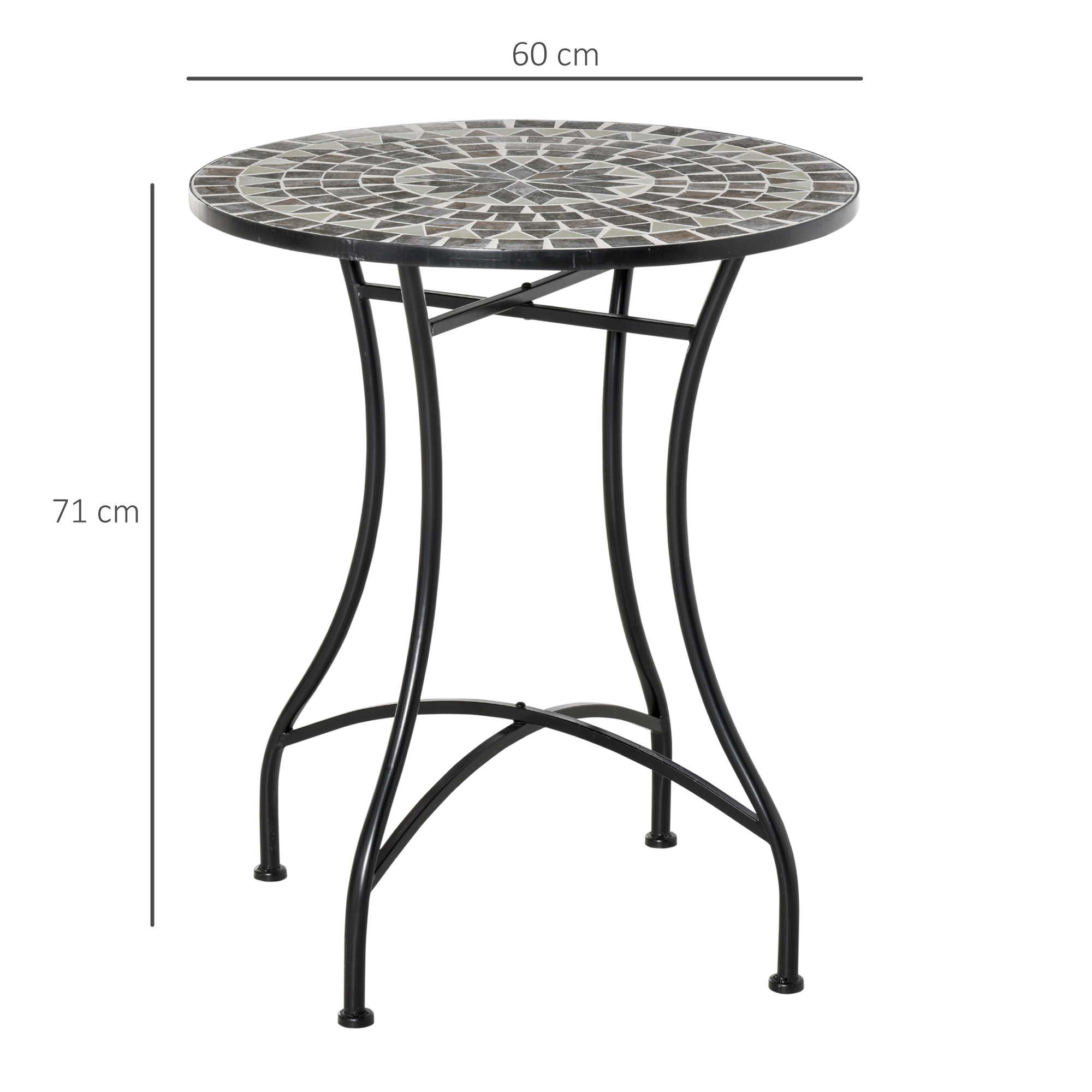 Tavolo rotondo in mosaico con base in metallo nero, largo 60 cm, alto 71 cm.