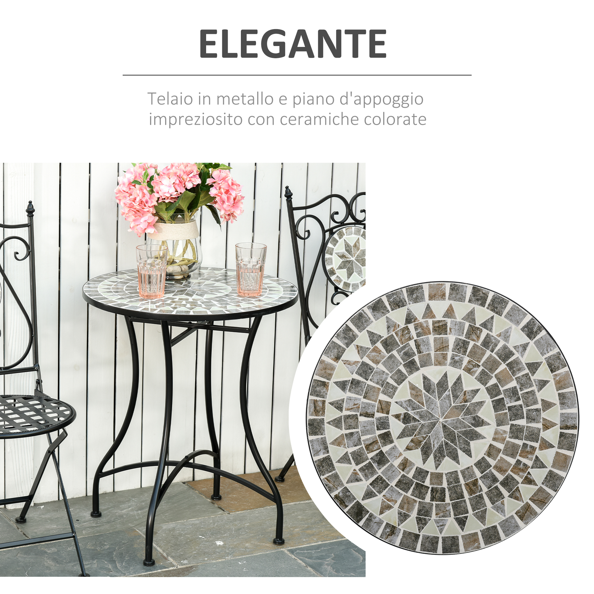 Un tavolino rotondo in mosaico con fiori e un bicchiere è su un patio accanto a una sedia.
