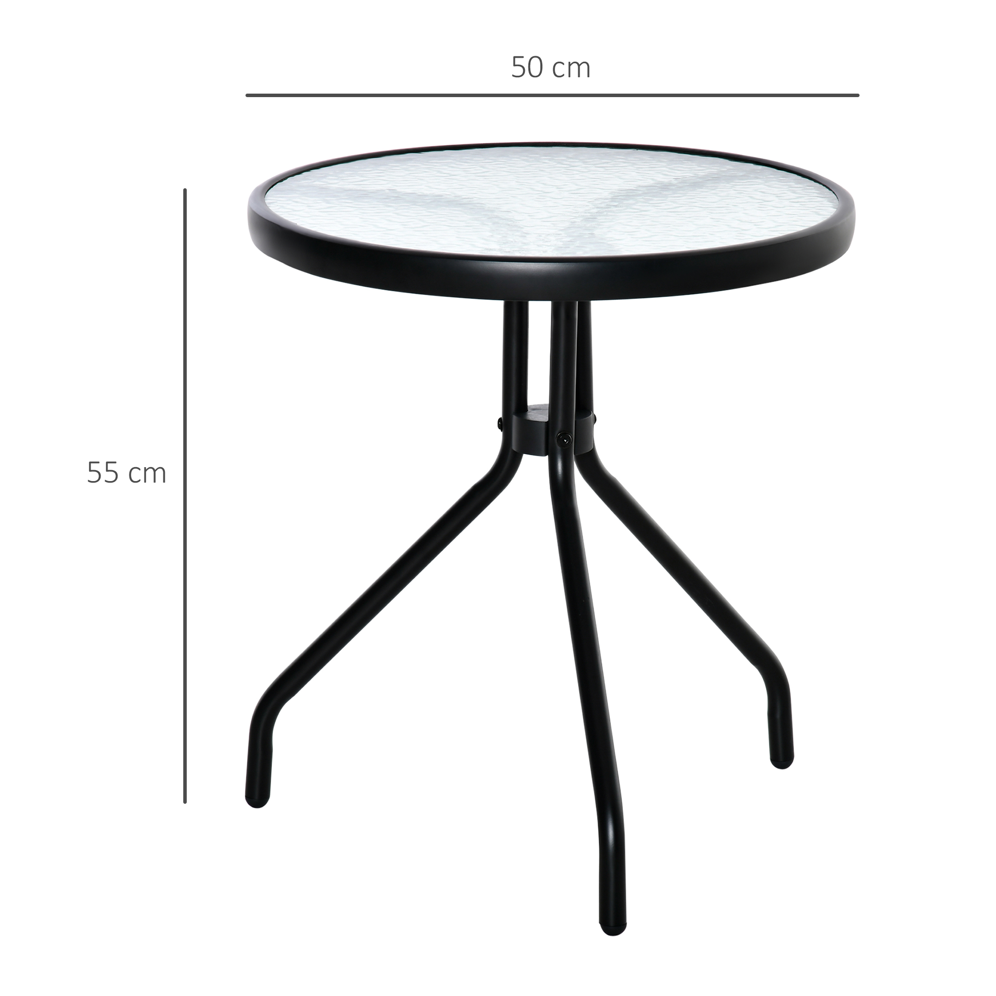 Tavolino rotondo in vetro con base in metallo nero, largo 50cm, alto 55cm.
