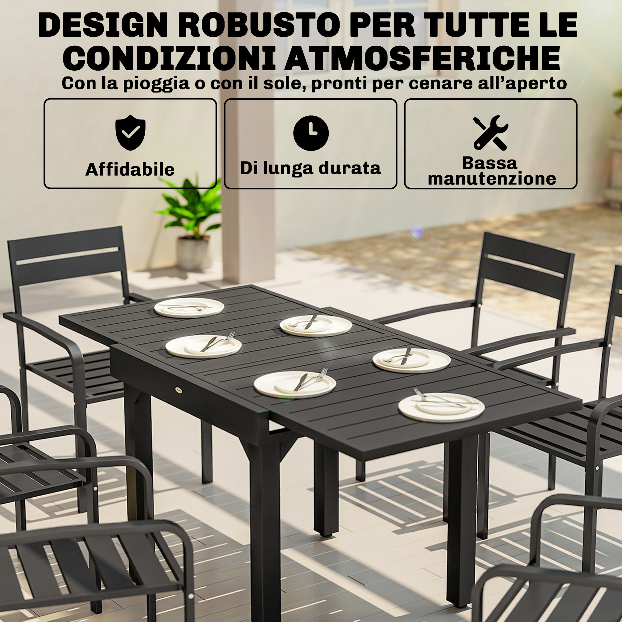 Un set da pranzo da esterno nero con piatti su un patio. Il testo evidenzia la durabilità.