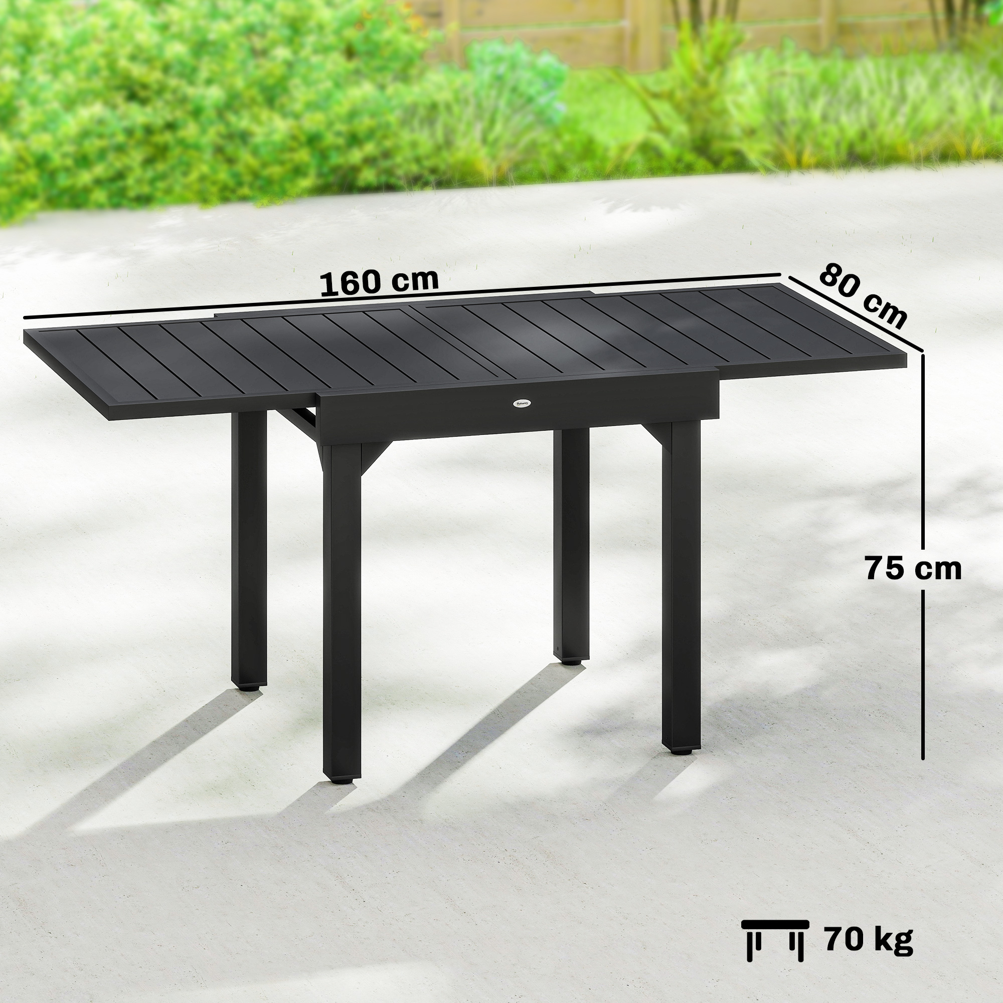Tavolo da giardino nero 160x80x75 cm, 70 kg.