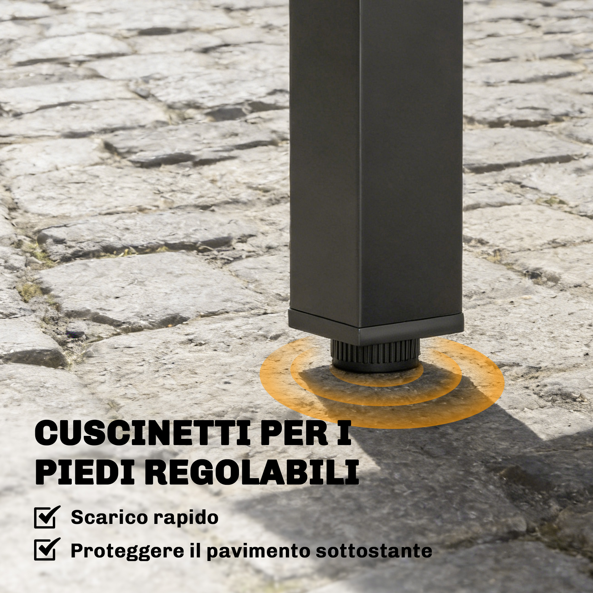 Gamba di tavolo nera con piede regolabile su pavimentazione.